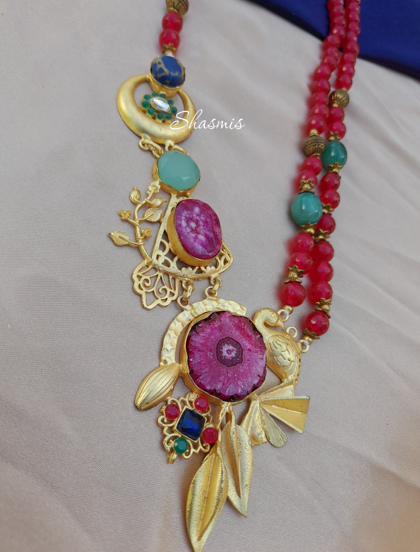 Pink Color Druzy Long Necklace