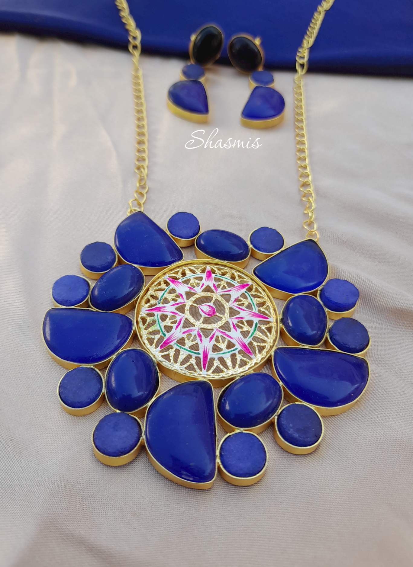 Blue Color Clear Druzy Stone With Gold Plated Design With Painted Necklace and Earrings