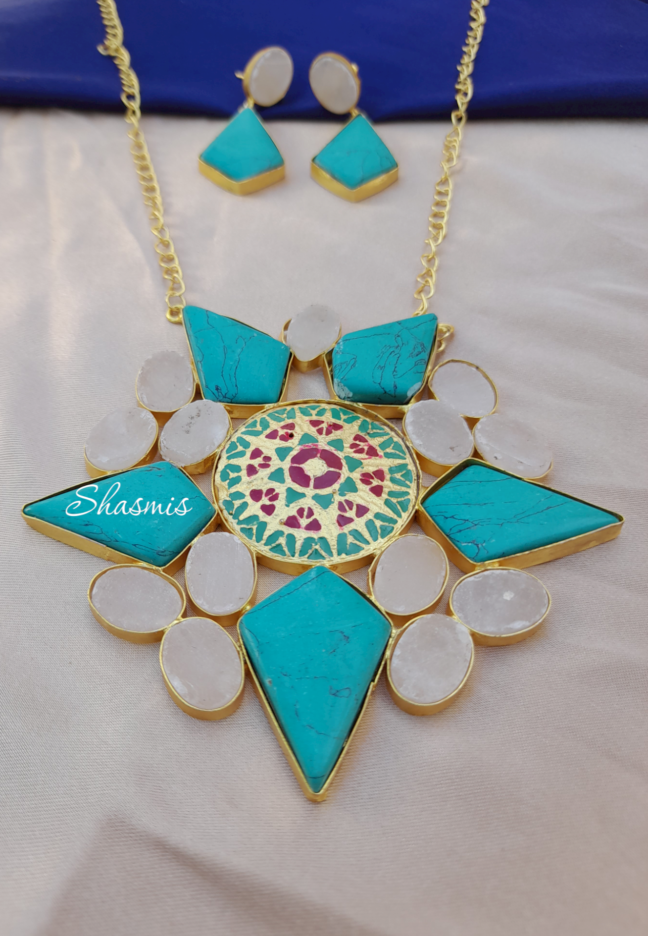 Turquoise Stone With Long Chain Druzy Necklace With Earrings