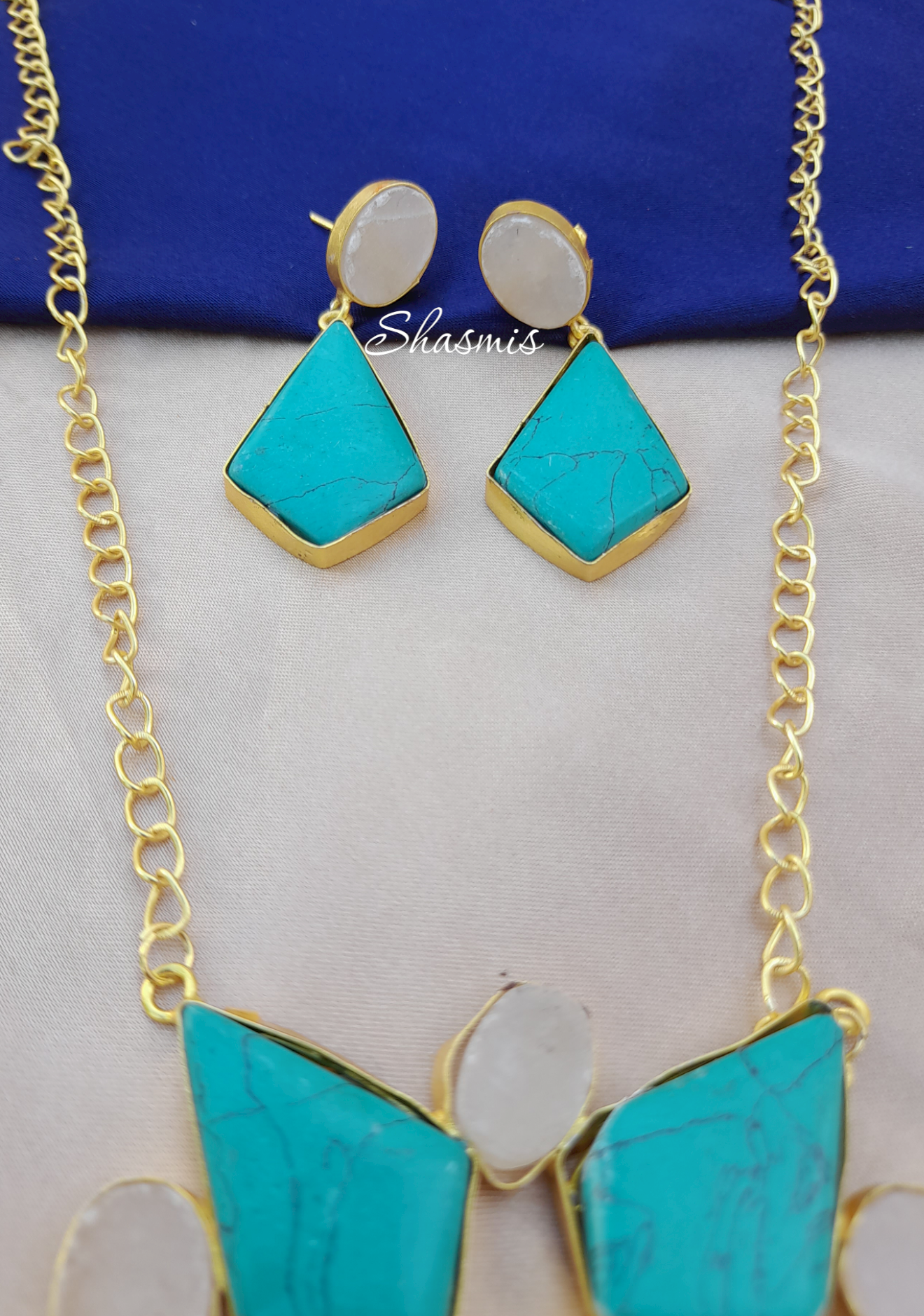 Turquoise Stone With Long Chain Druzy Necklace With Earrings