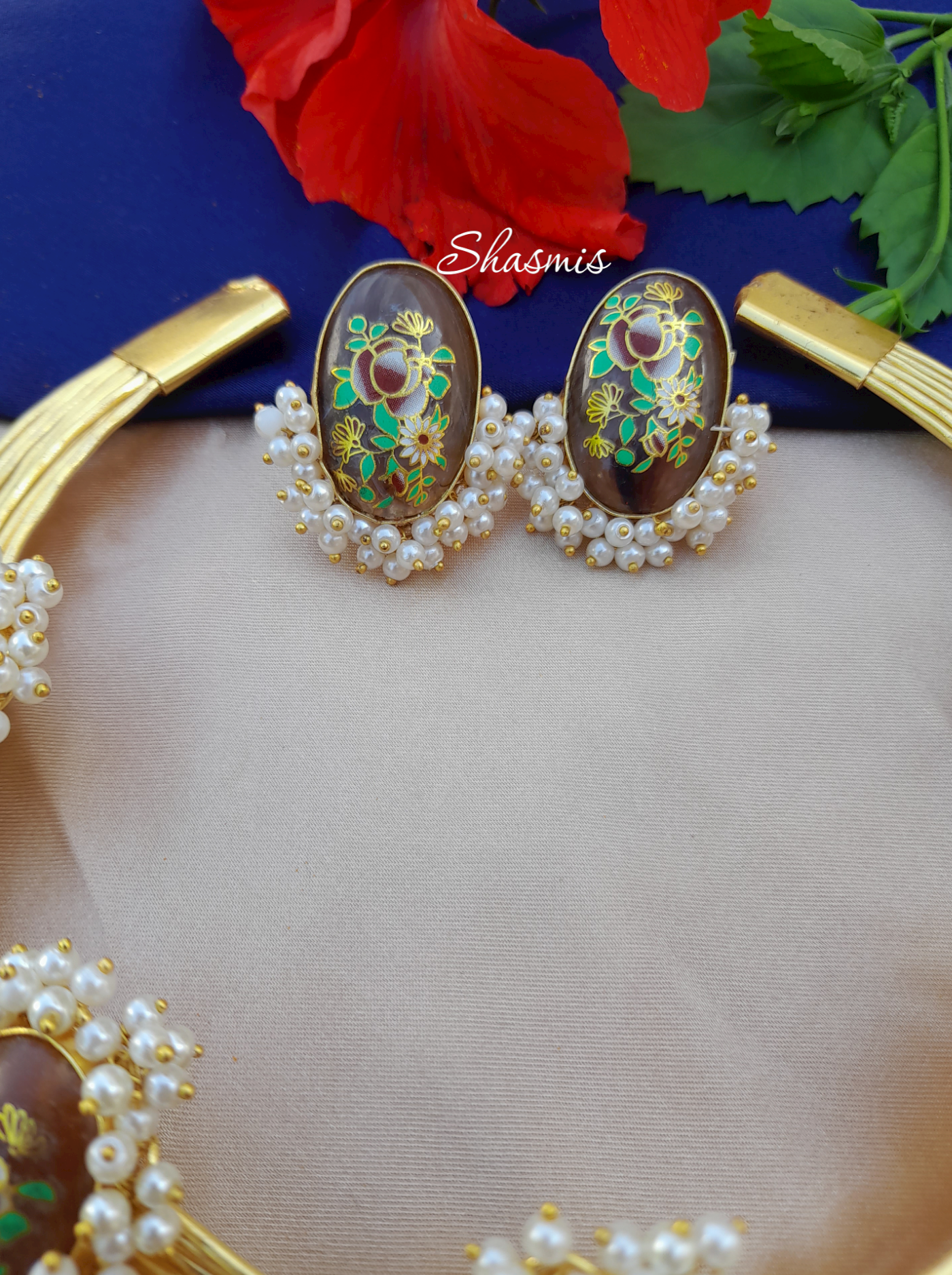 Statement Brown Stones Hand Painted choker Necklace And Earrings With Pearls On Drop, Monalisa stones, Handpainted