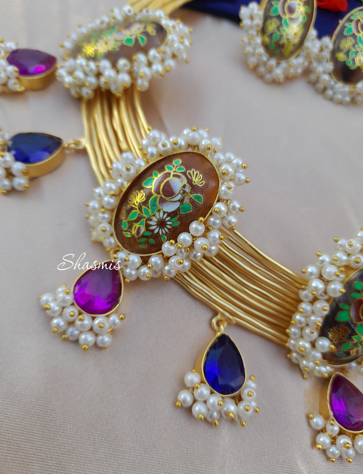 Statement Brown Stones Hand Painted choker Necklace And Earrings With Pearls On Drop, Monalisa stones, Handpainted