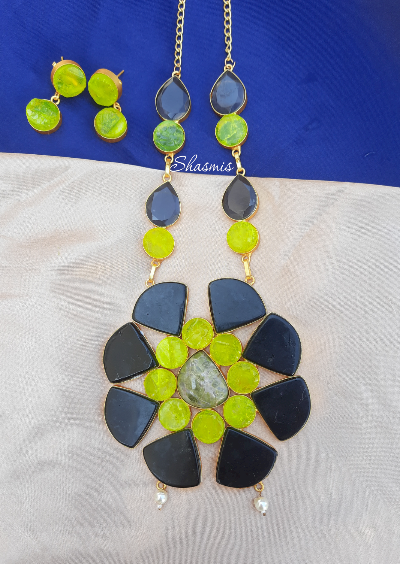 Black and Neon Yellow Color Long Chain Druzy Necklace with Earrings