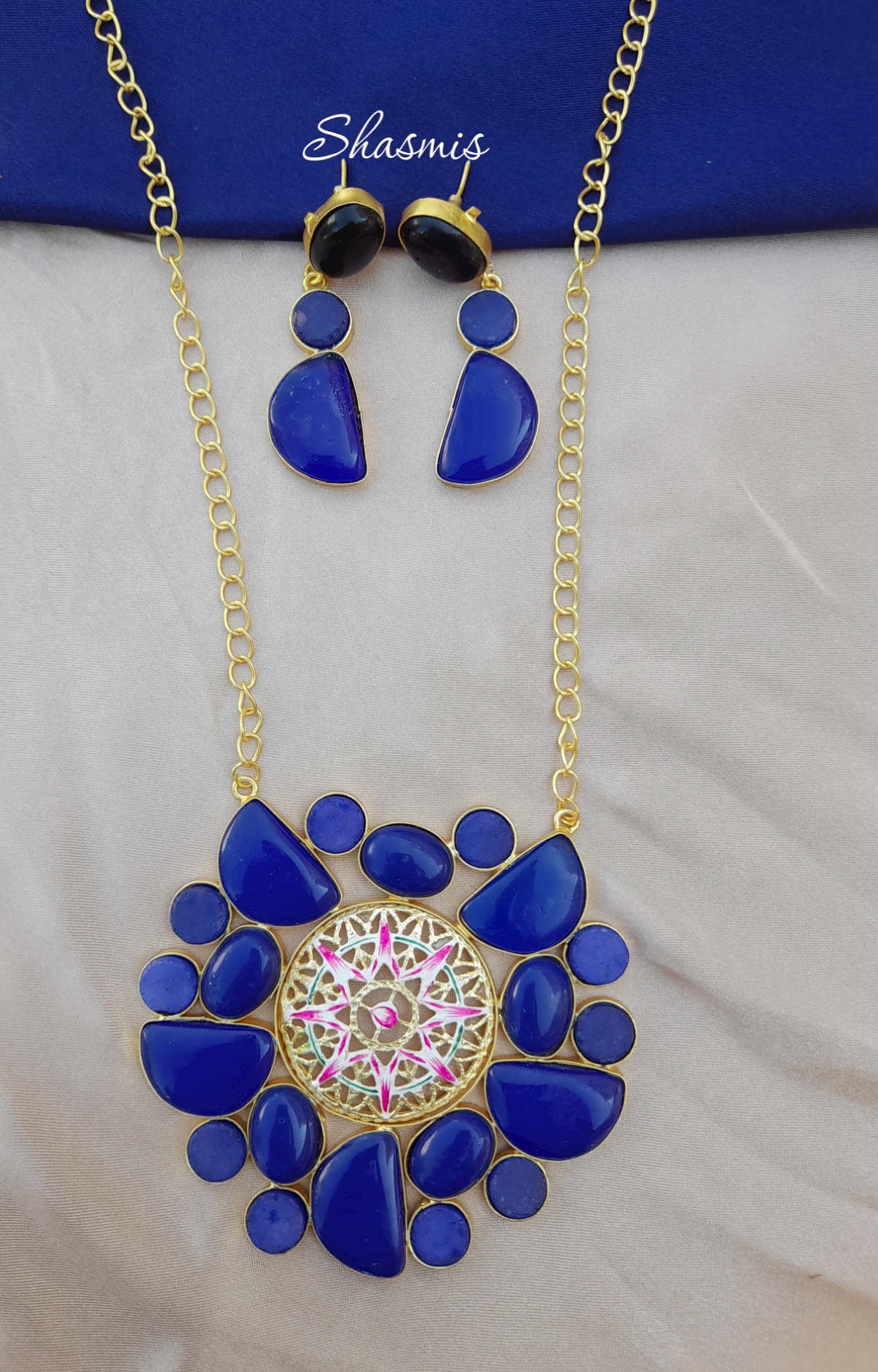 Blue Color Clear Druzy Stone With Gold Plated Design With Painted Necklace and Earrings