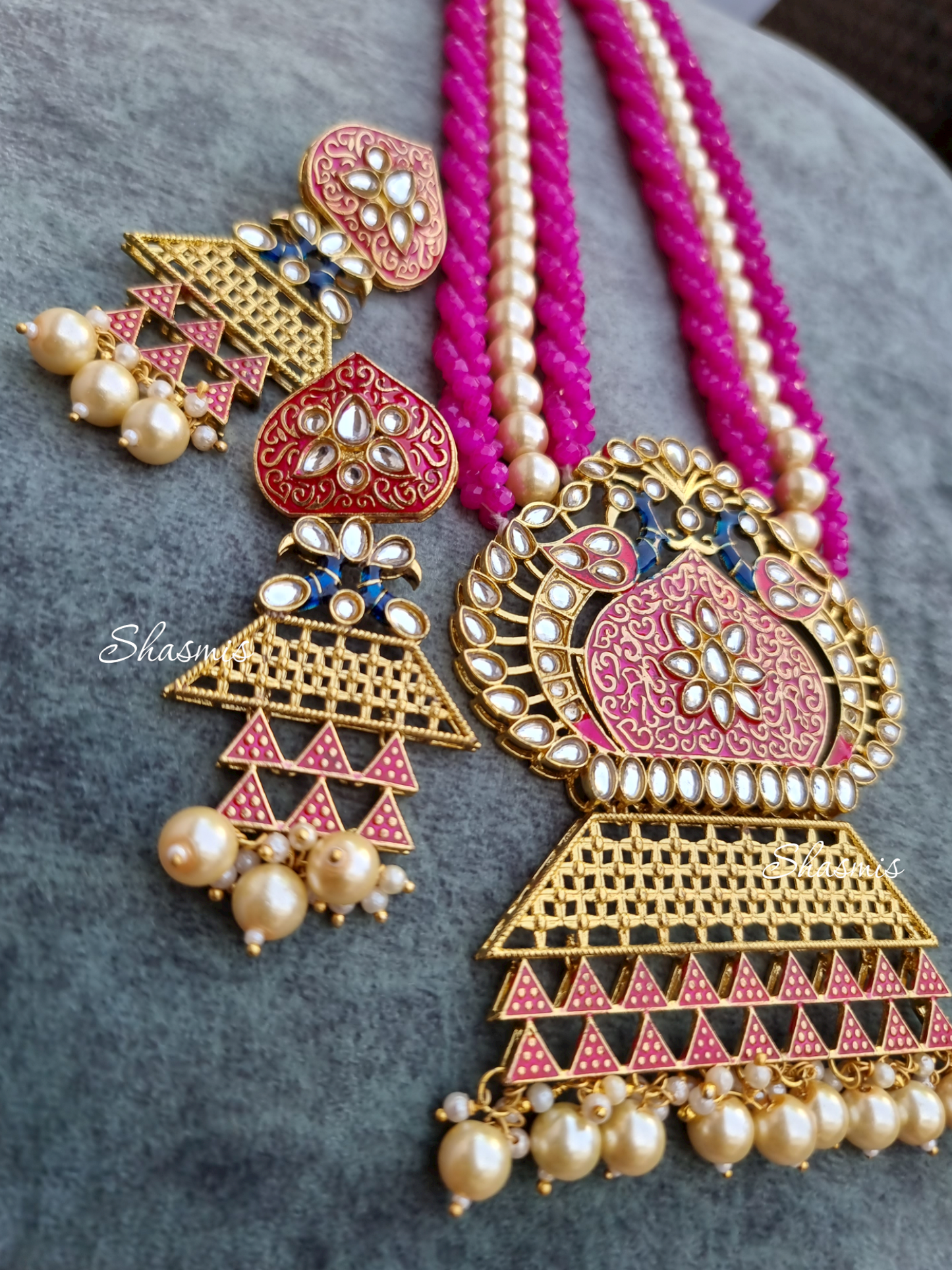 Gorgeous Long Pink Color Necklace And Earrings With Pearl on Drop