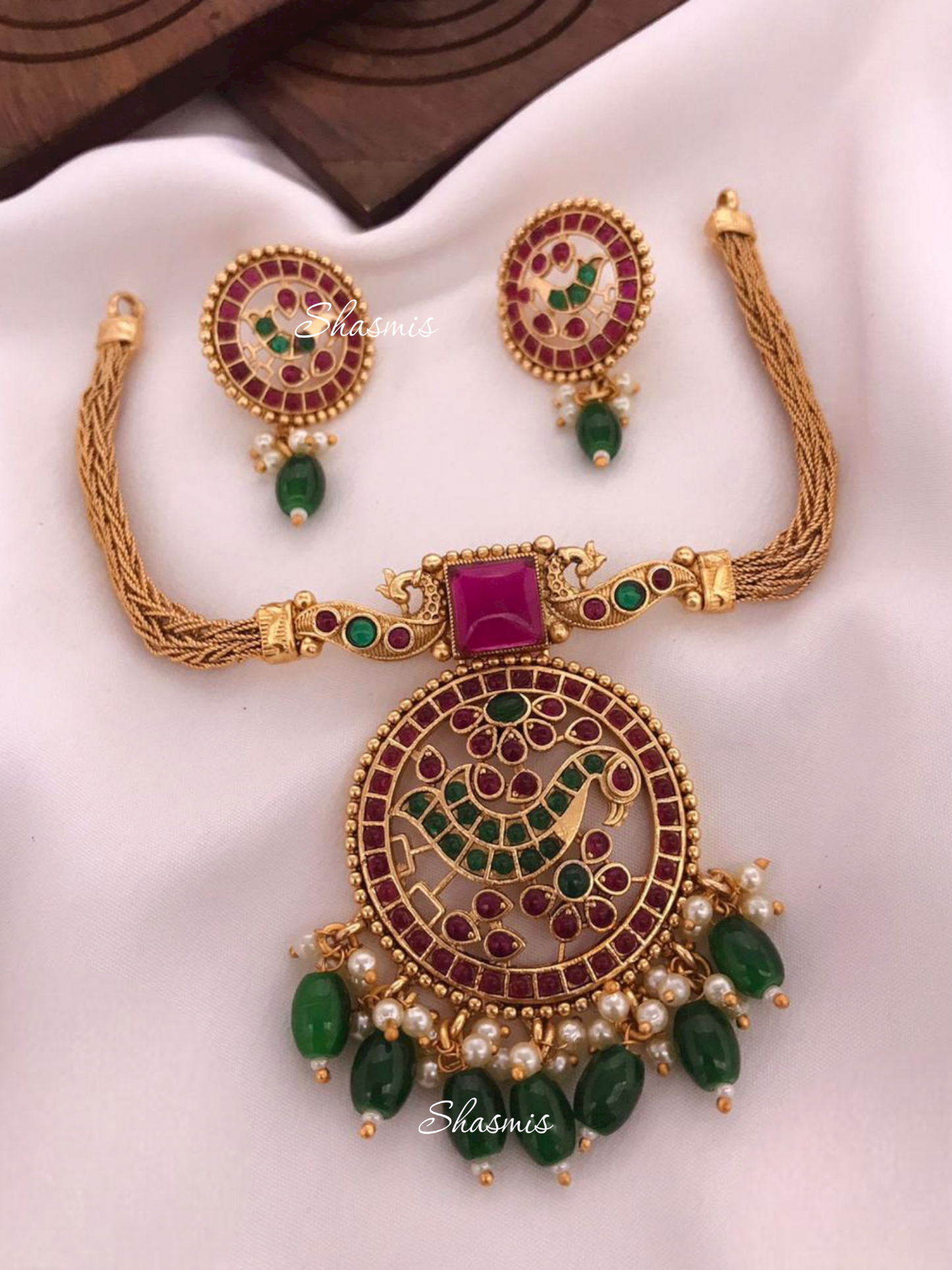Ruby Stones With Golden Plating Temple Necklace With Earrings
