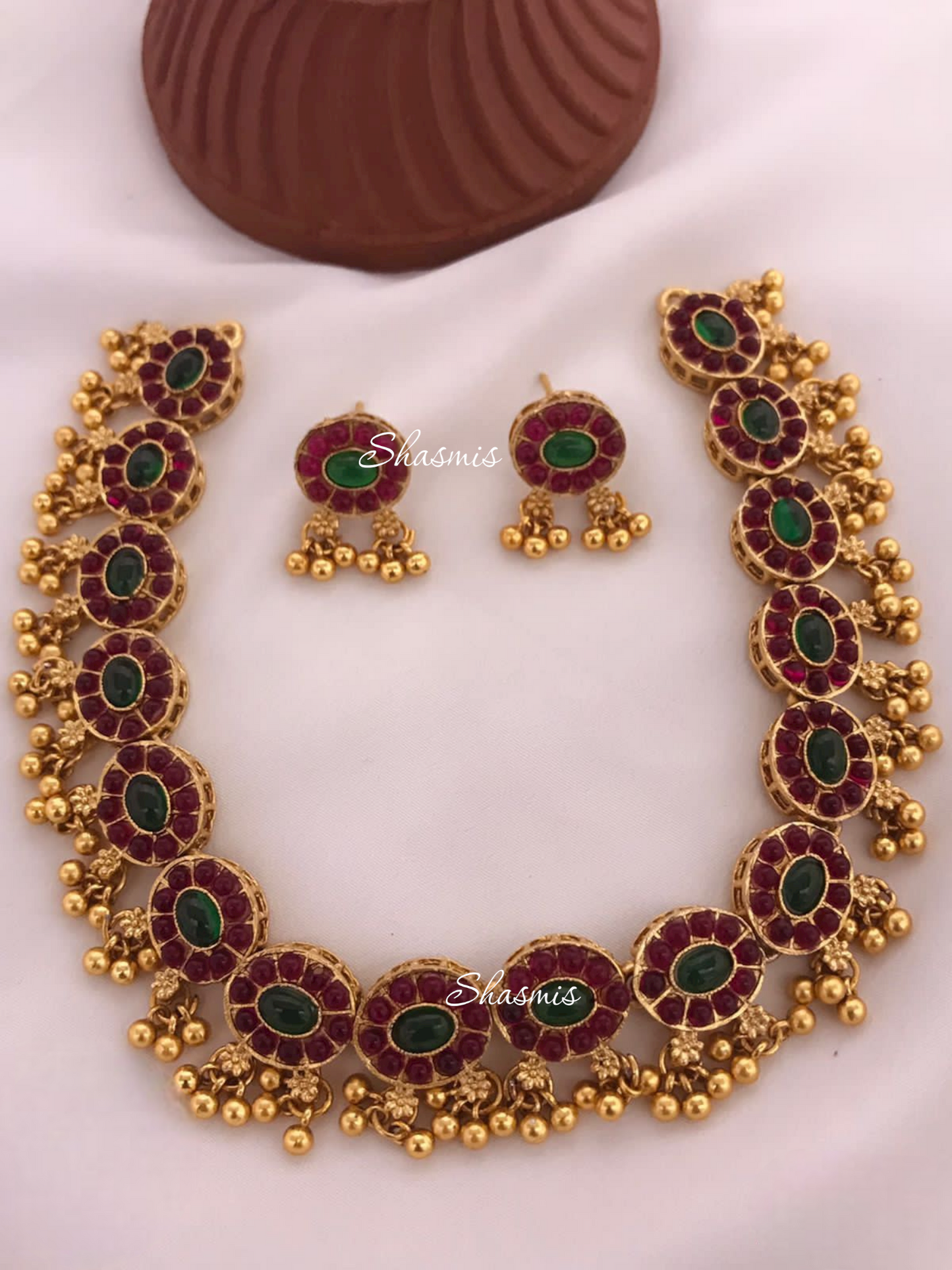 Ruby and Green Stones Simple Temple Jewellery With Earrings