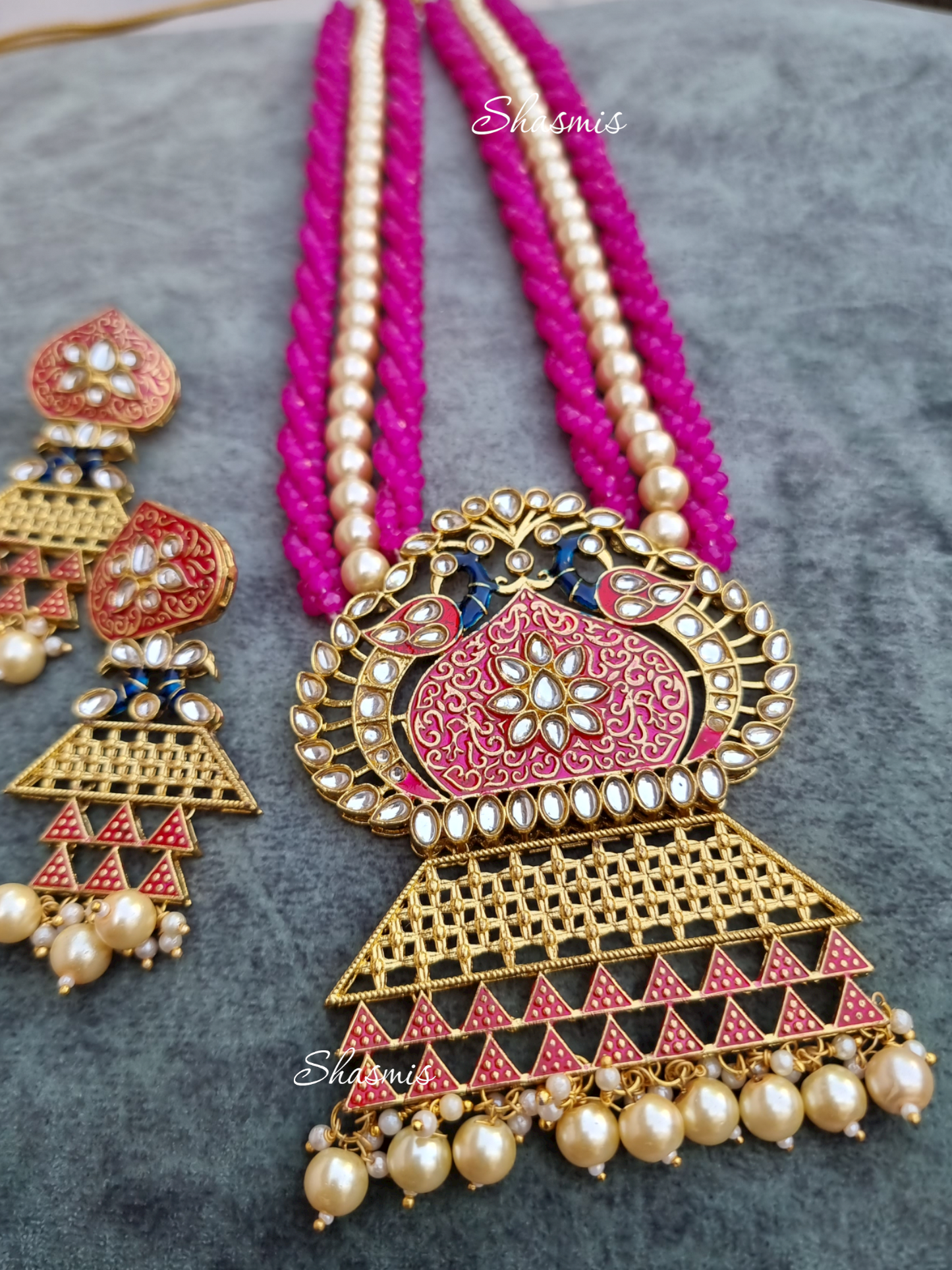 Gorgeous Long Pink Color Necklace And Earrings With Pearl on Drop