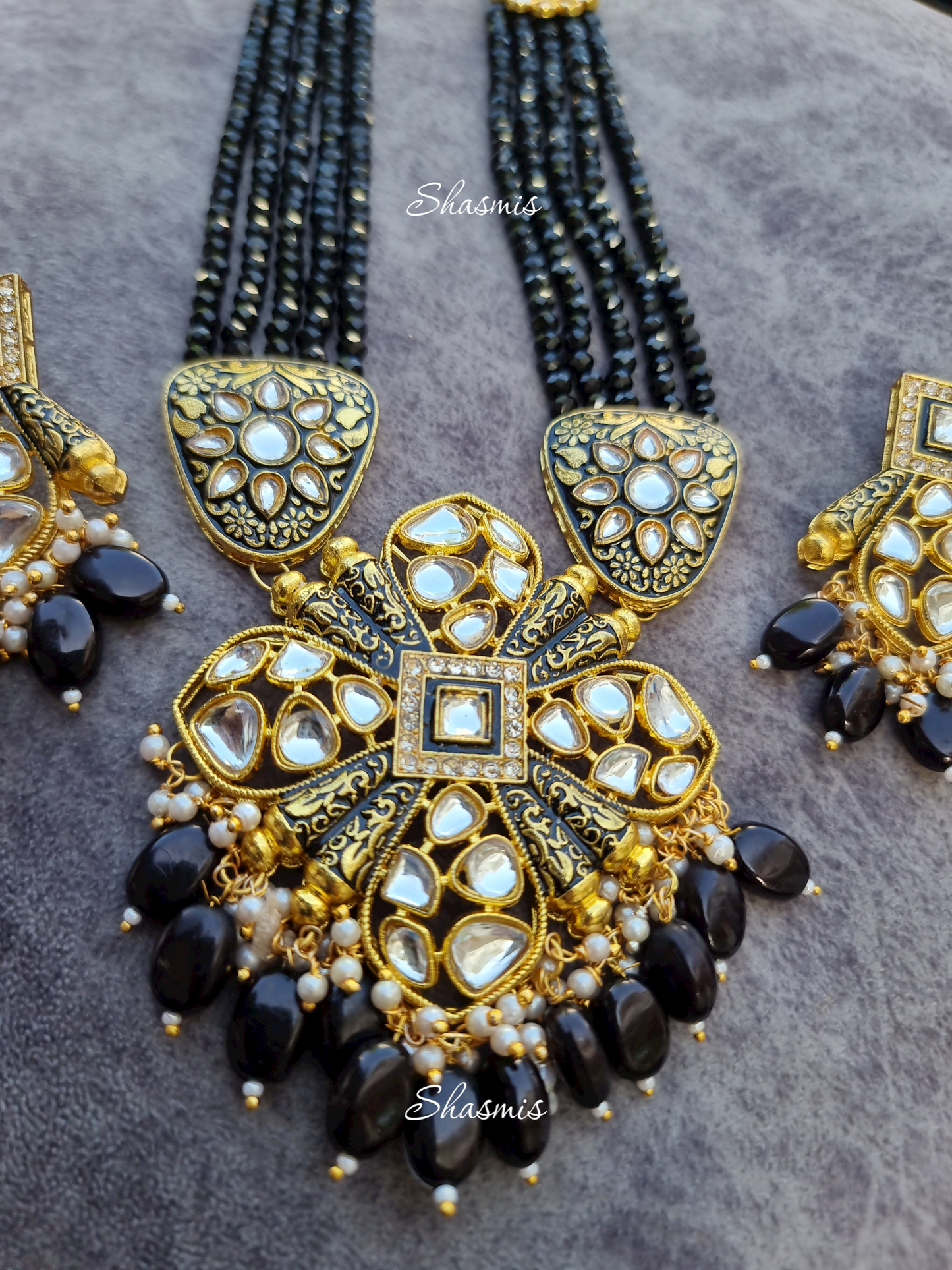 Black And Golden Long Kundan Necklace With Beads On Drop