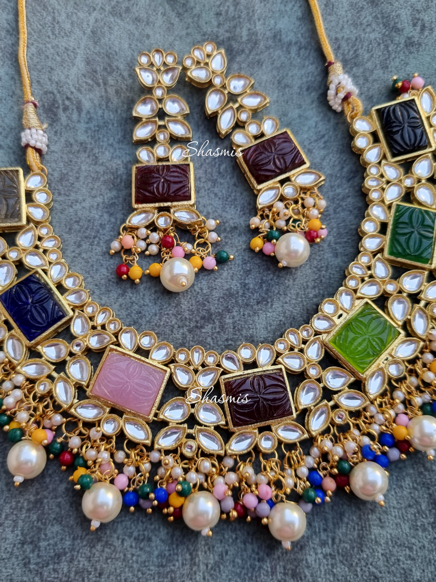 Square Shade Carved Stones With Kundan Beads And Pearls On Drop Necklace With Earrings