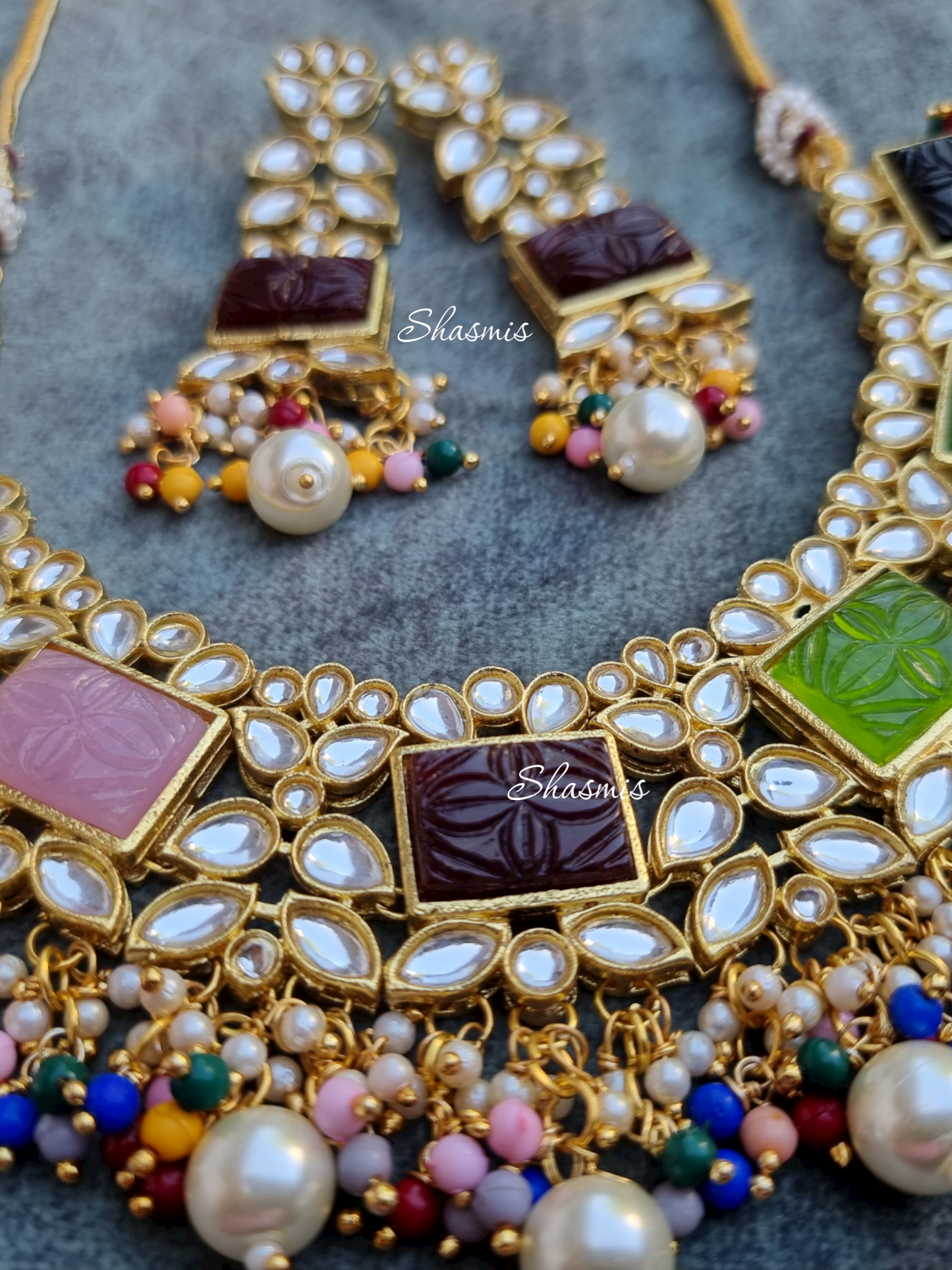 Square Shade Carved Stones With Kundan Beads And Pearls On Drop Necklace With Earrings