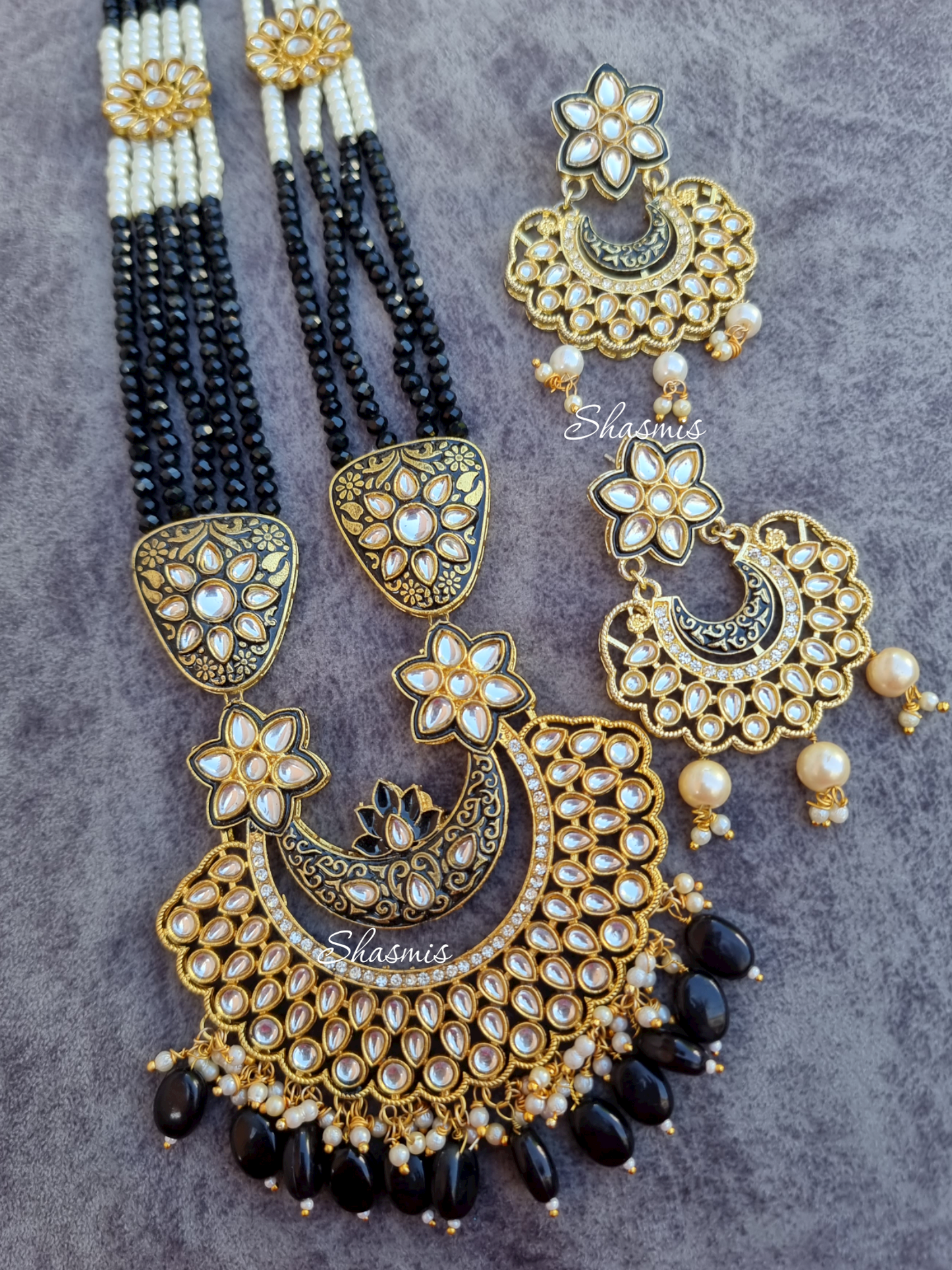 Long Kundan Beaded Black Necklace With Earrings