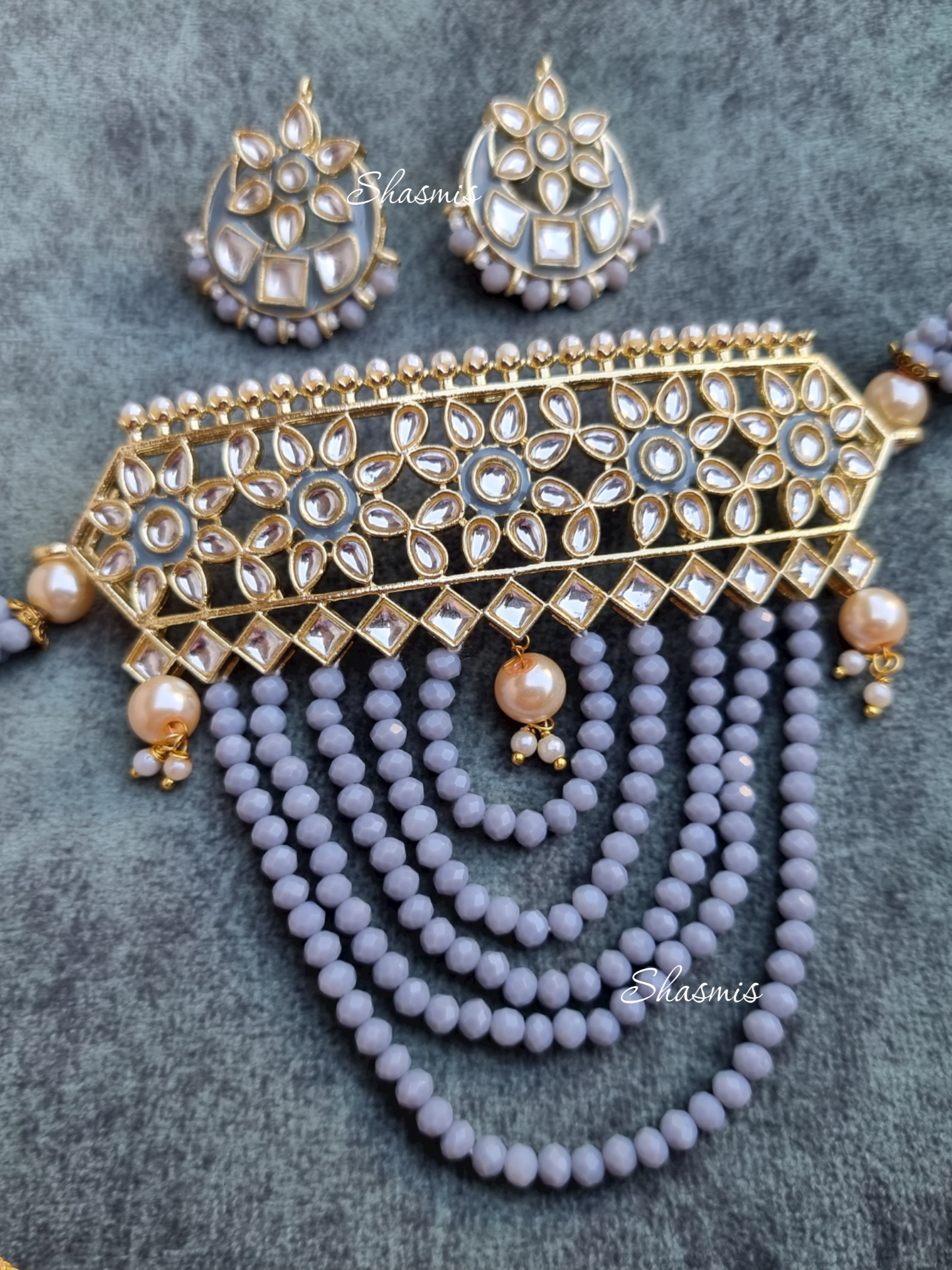 Grey Color Kundan Necklace Layer Beads on Drop With Earrings
