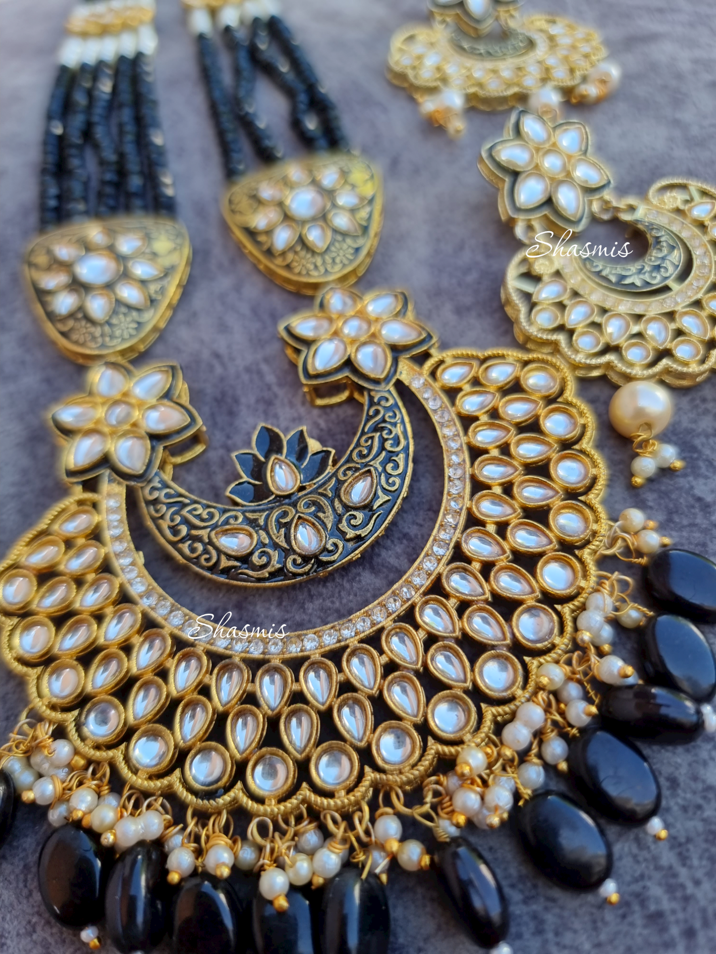Long Kundan Beaded Black Necklace With Earrings