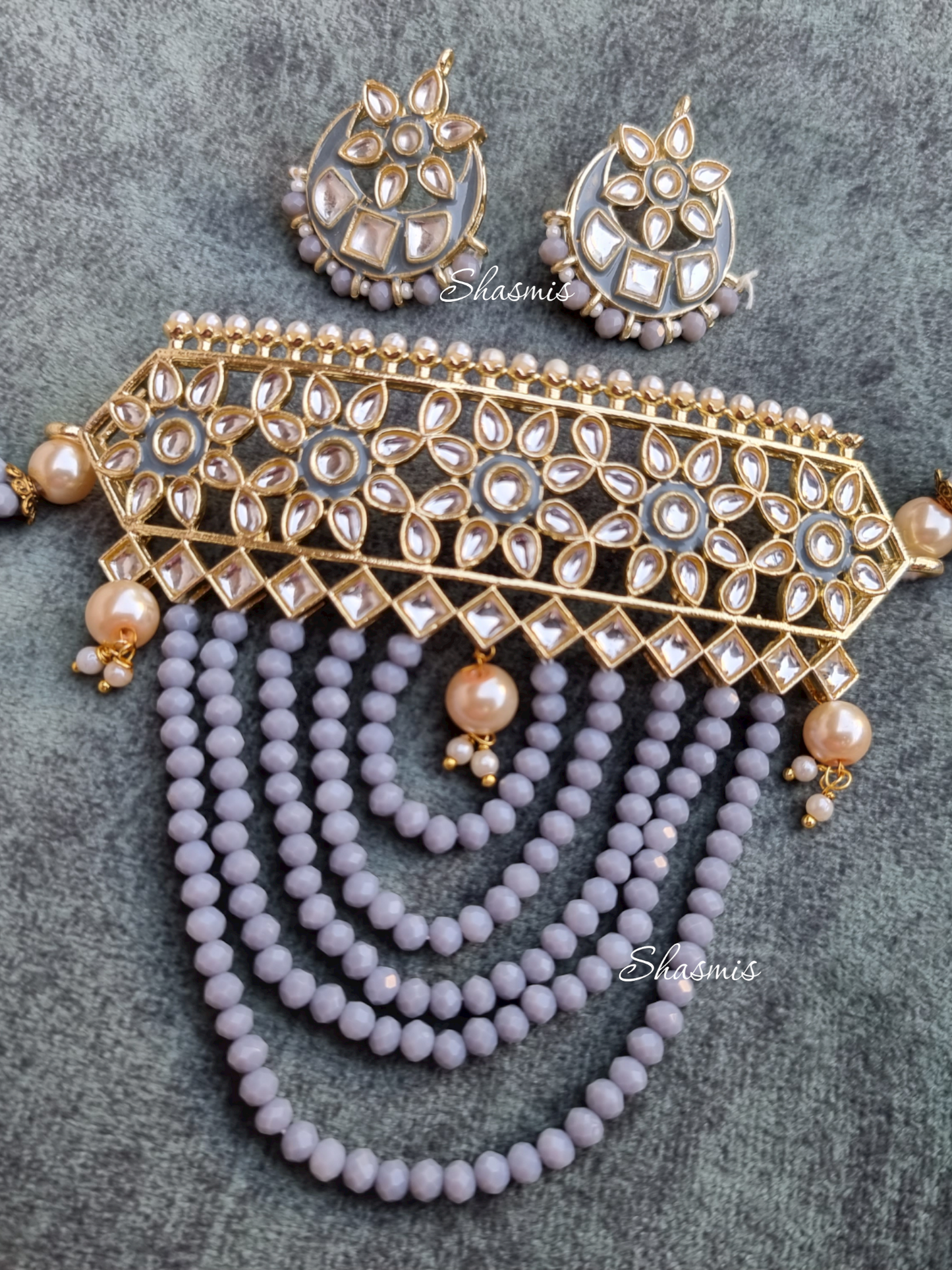 Grey Color Kundan Necklace Layer Beads on Drop With Earrings
