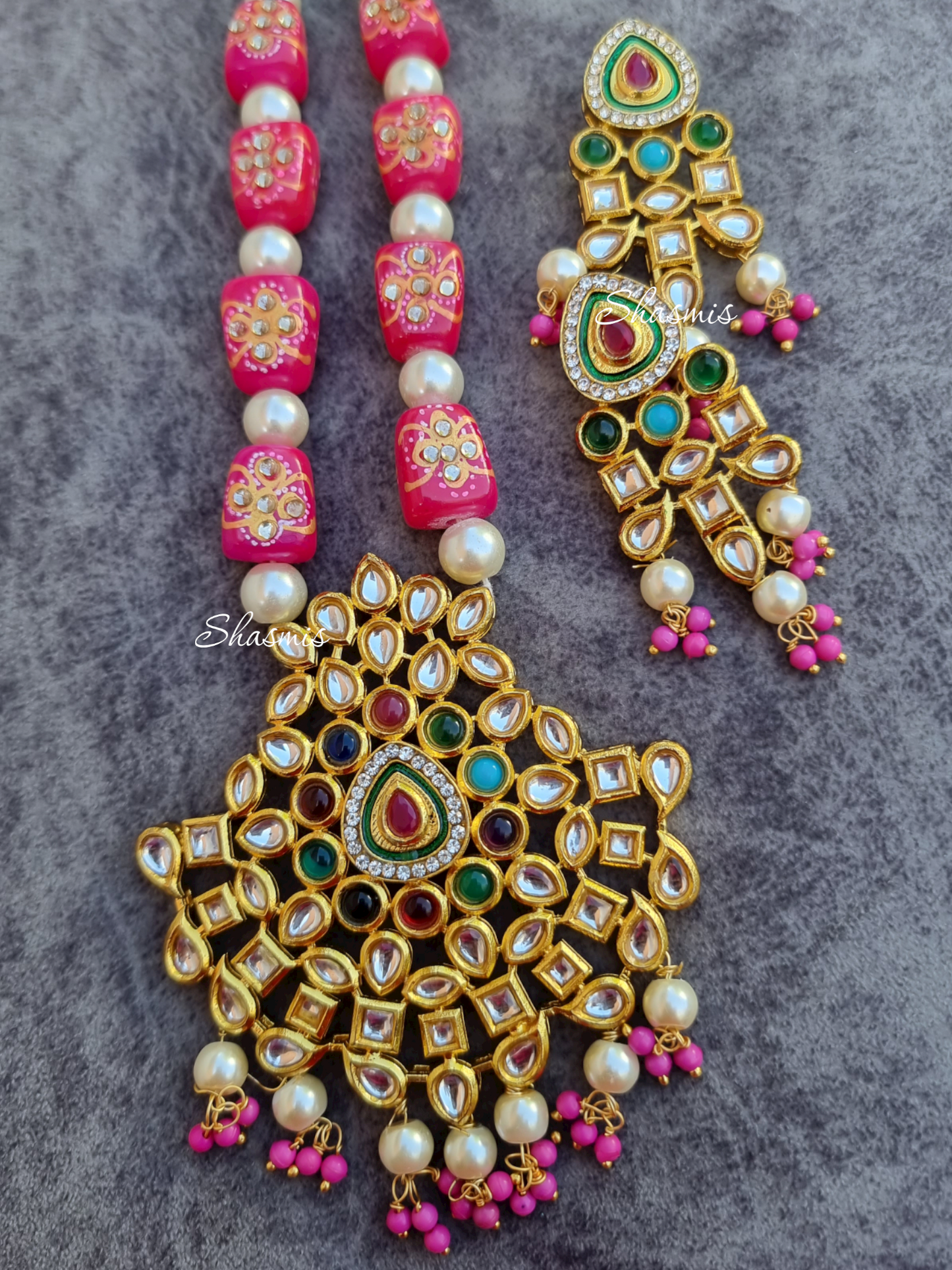 Pink Color Kundan Beads With Stones Long Necklace And Earrings