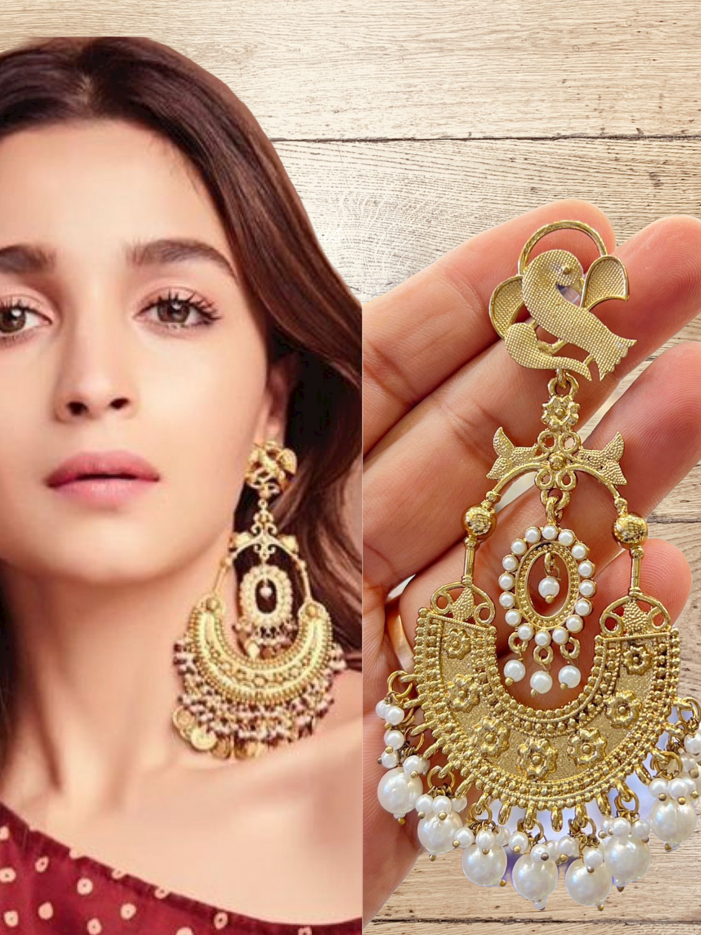 Golden Plating Long Earrings With Pearls On Drop