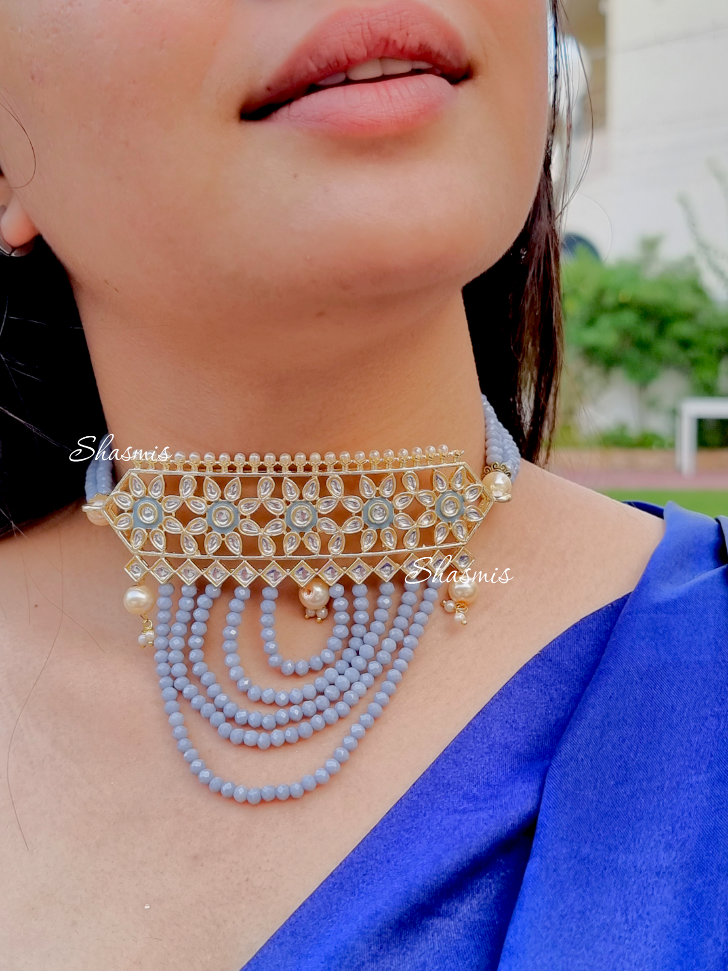 Grey Color Kundan Necklace Layer Beads on Drop With Earrings