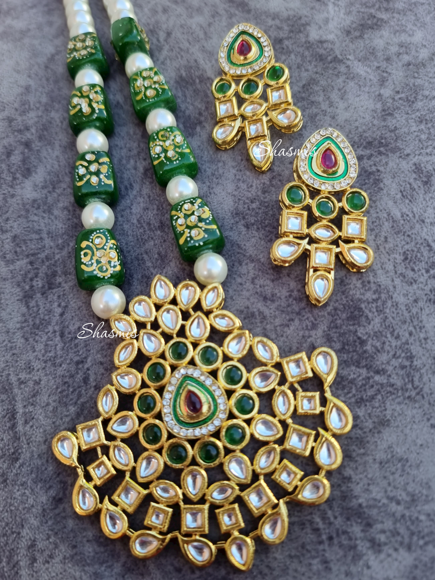 Green Color Long Kundan Necklace With Earrings