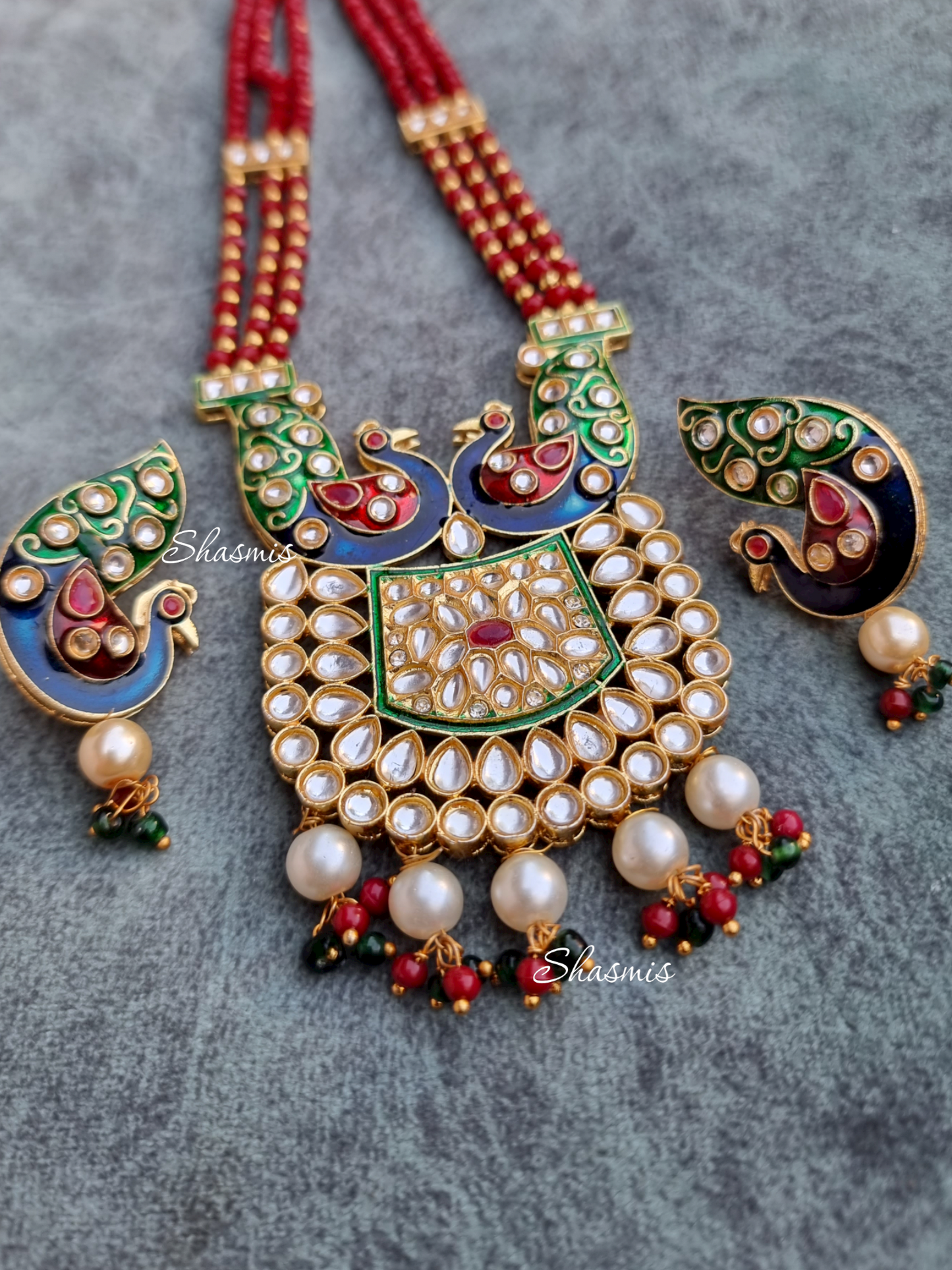 Peacock Necklace And Earrings With Kundan Stones And Pearls On Drop