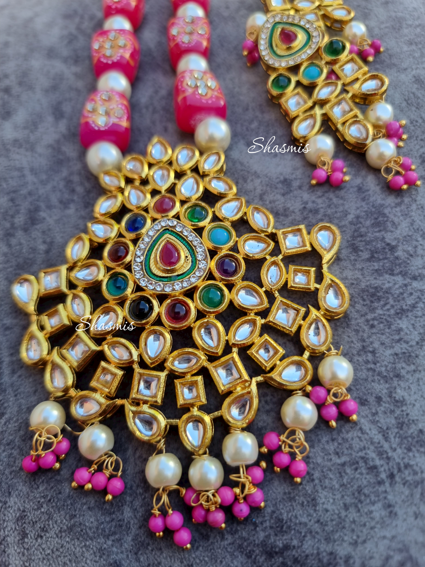 Pink Color Kundan Beads With Stones Long Necklace And Earrings