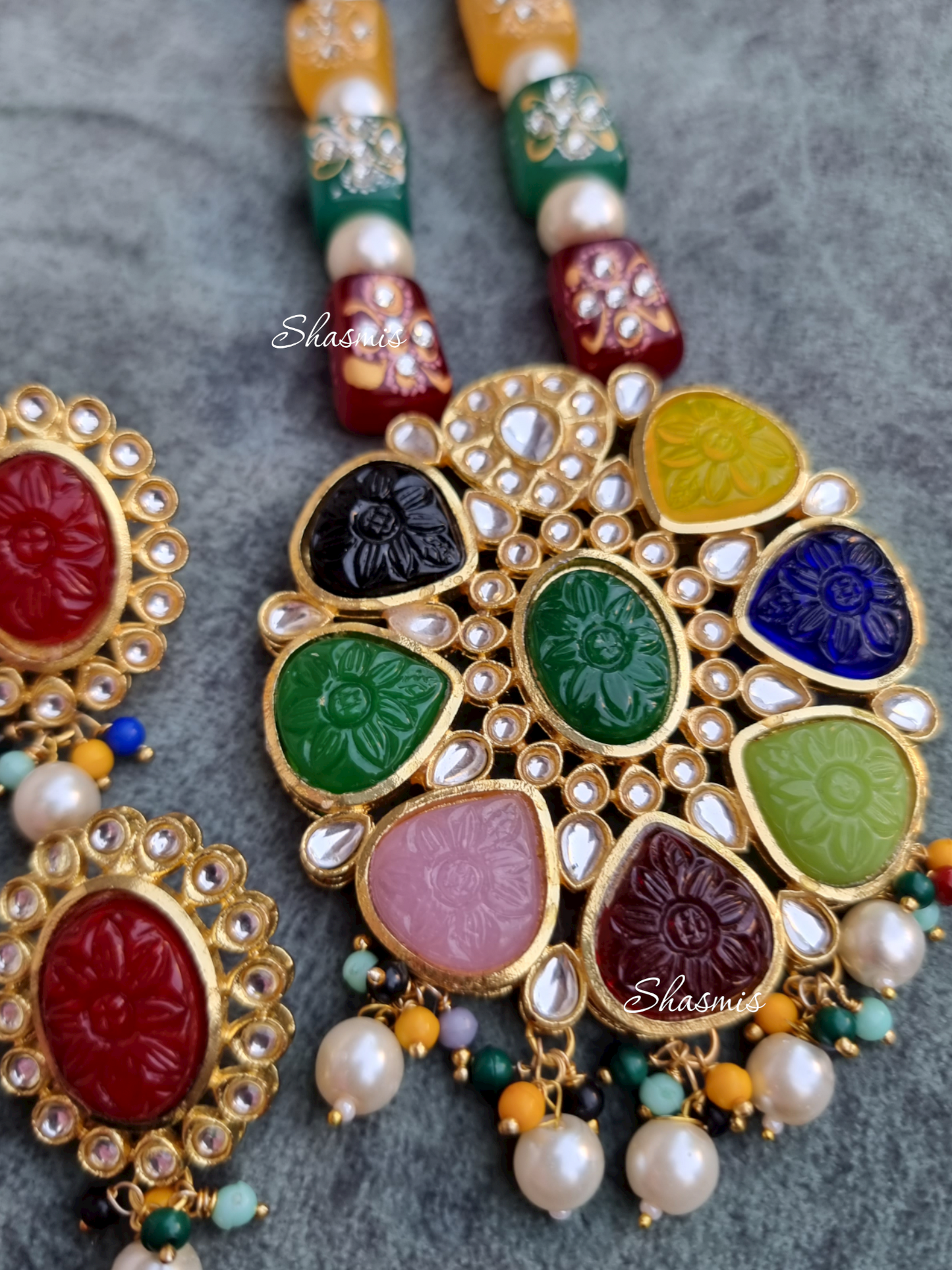 Multi Color Carved Stones and Navratan Stones Long Necklace With Earrings