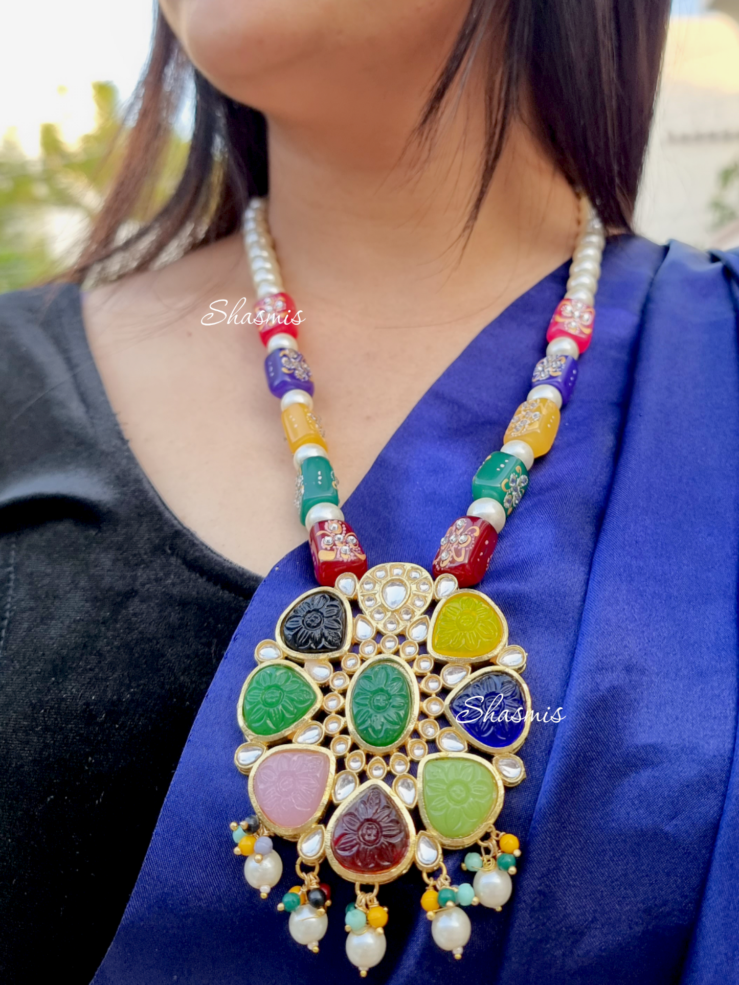 Multi Color Carved Stones and Navratan Stones Long Necklace With Earrings
