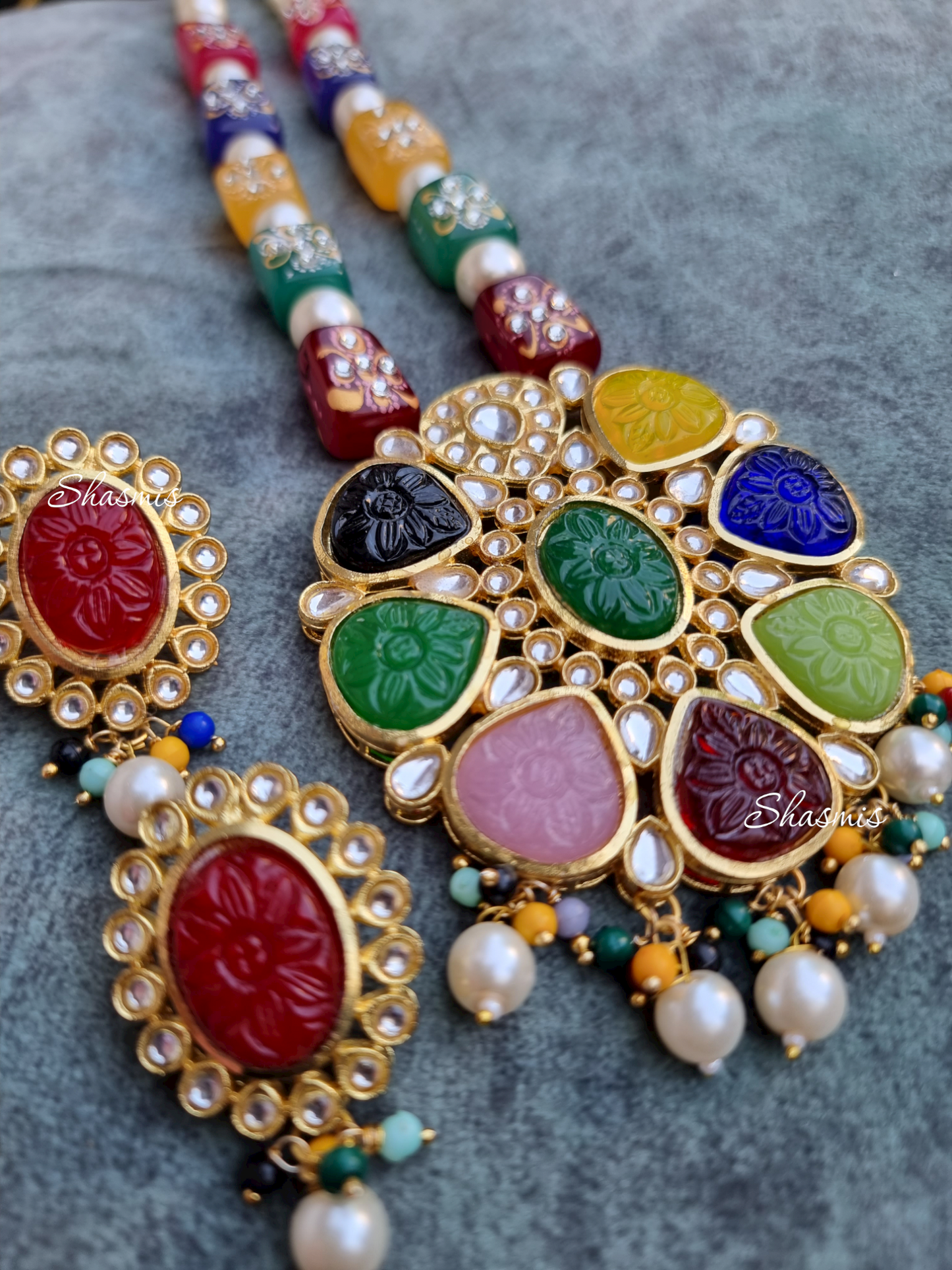 Multi Color Carved Stones and Navratan Stones Long Necklace With Earrings