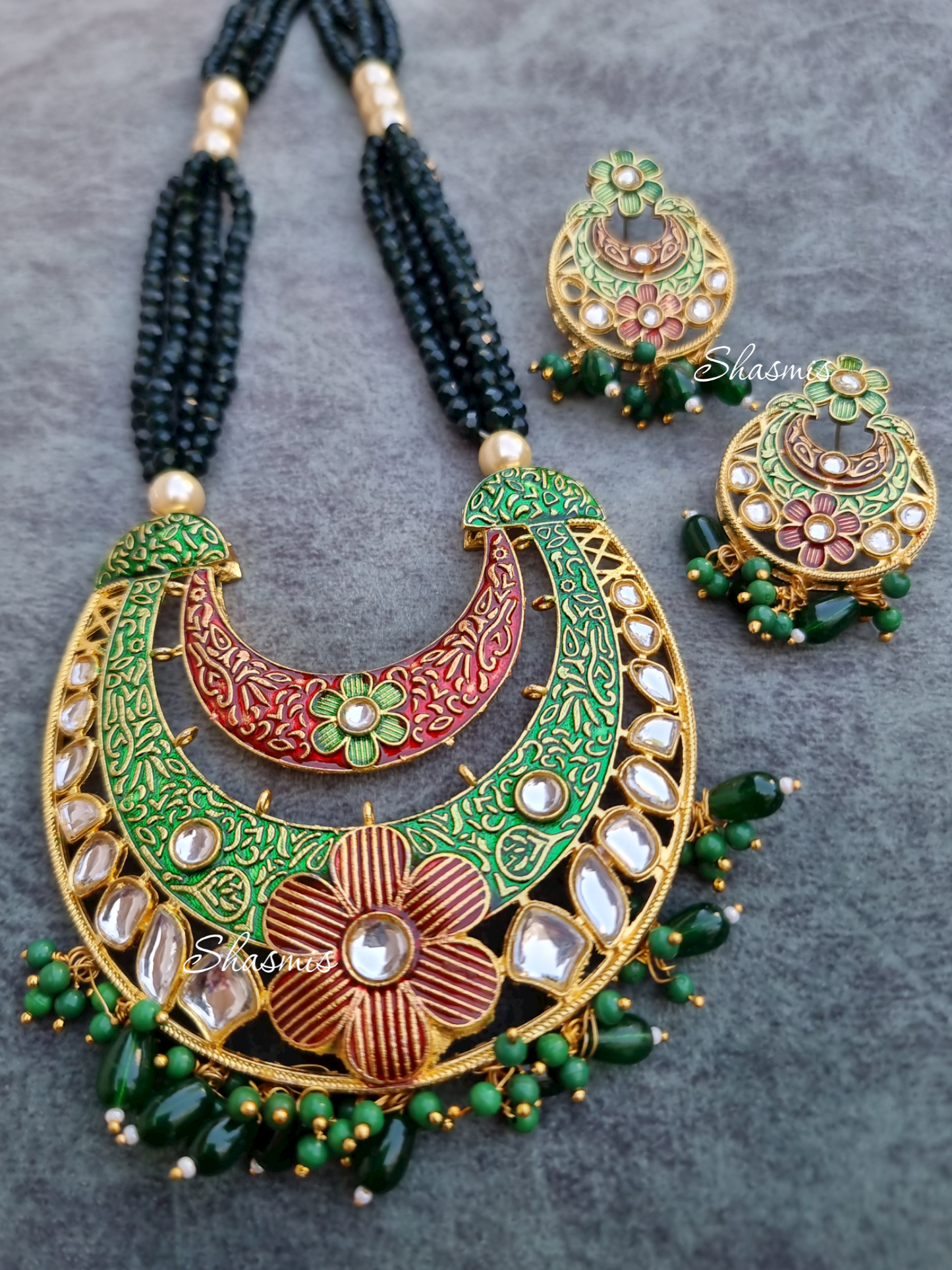 Green Color Necklace And Earrings With Beautiful Red Flower Design and Kundan Beads On drop