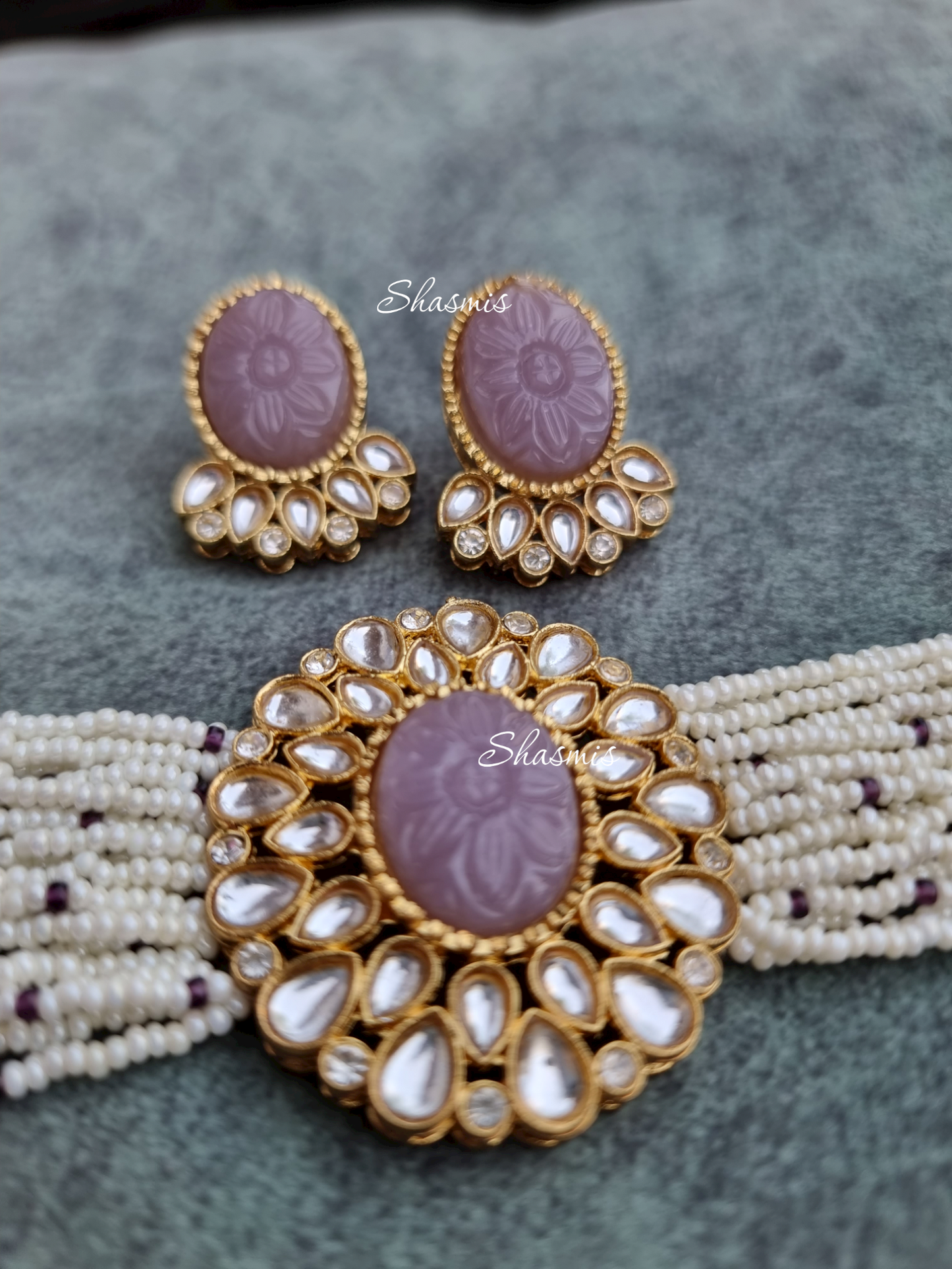 Carved Stones on Centre Necklace With Beads and Earrings