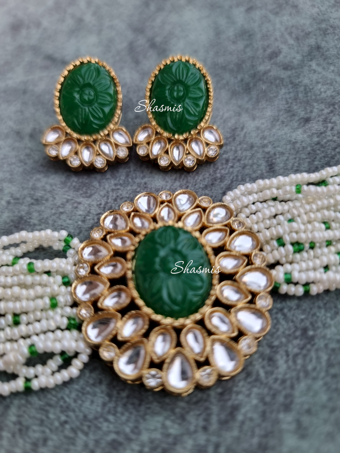 Carved Stones on Centre Necklace With Beads and Earrings