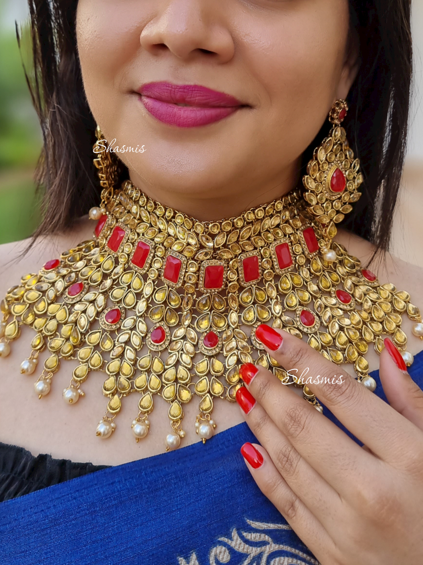 Red Color Rhinestone Heavy Bridal Necklace Set With Mathapatti and Earrings