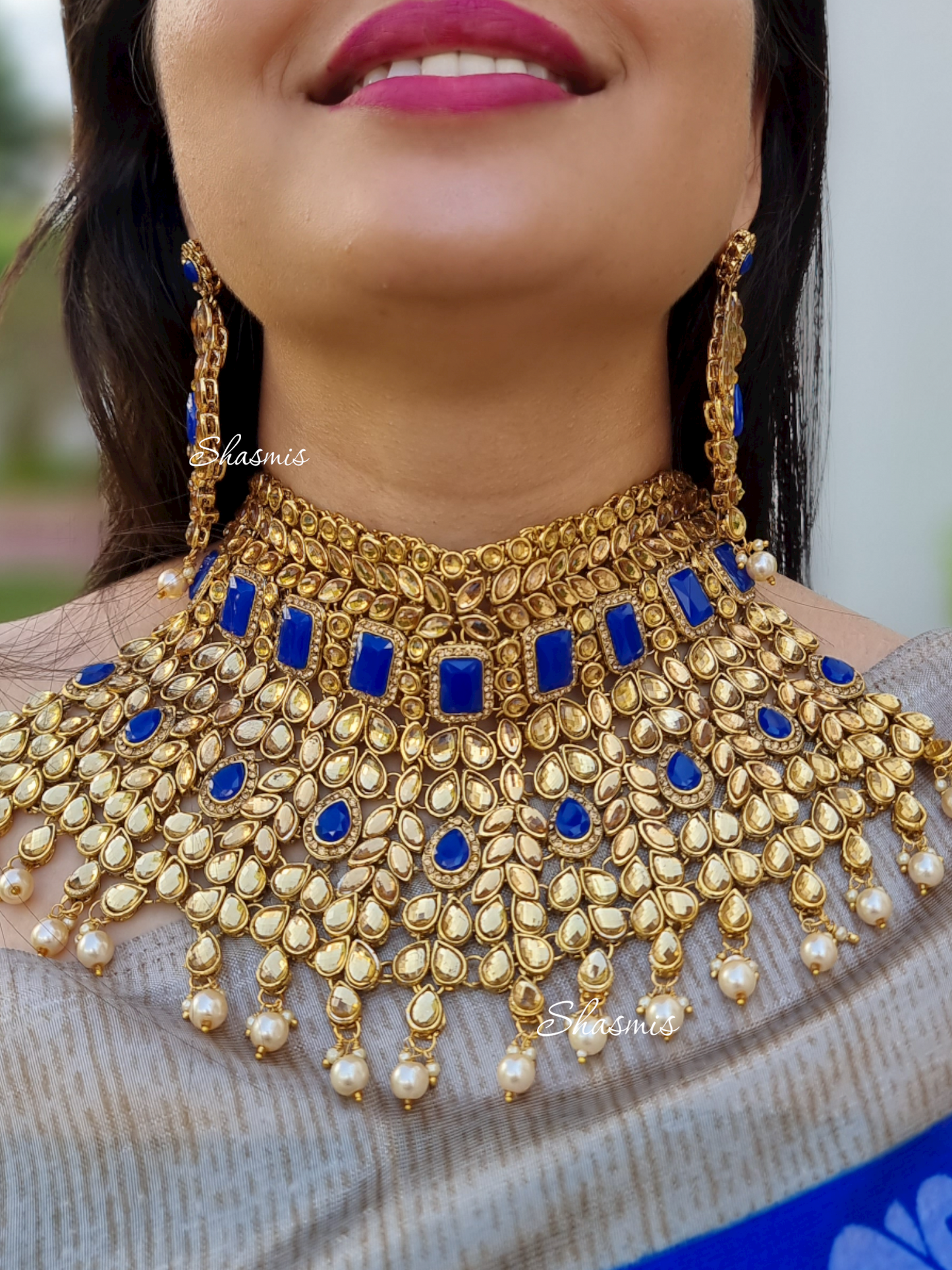 Blue Stones Heavy Bridal Necklace With Mathapatti and Earrings