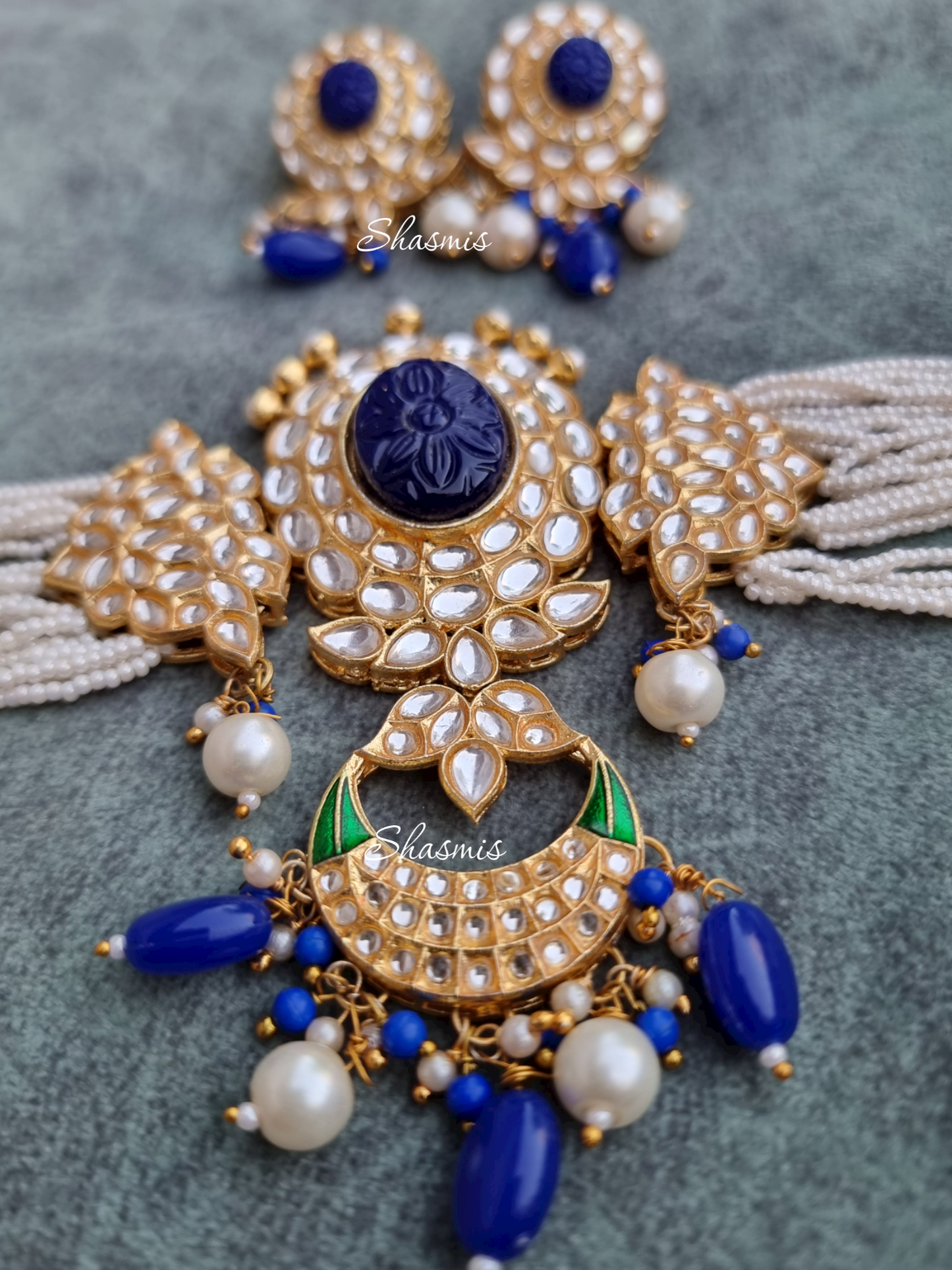 Blue Carved Stone With Chand Bali Pendant Necklace With Earrings