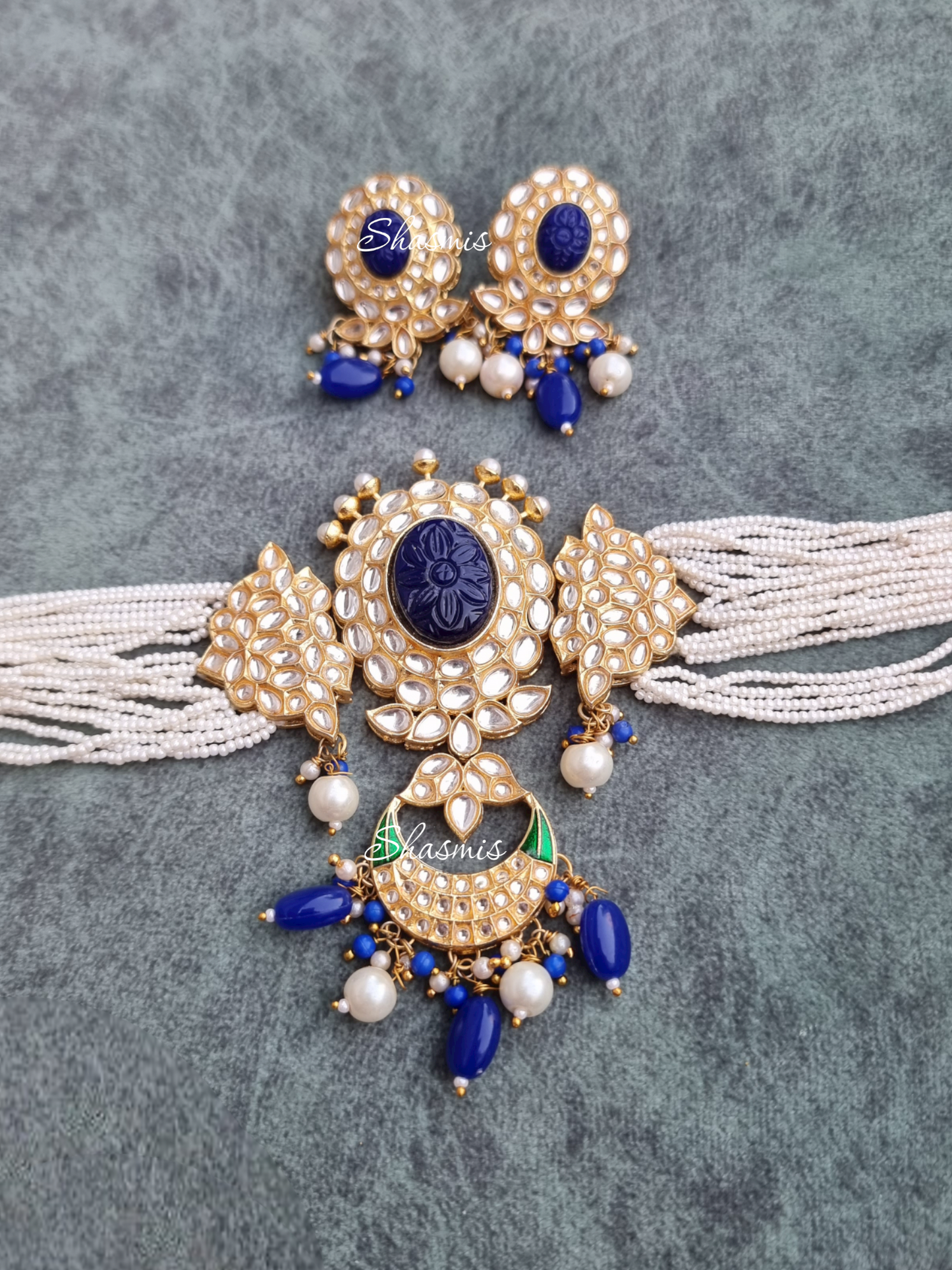 Blue Carved Stone With Chand Bali Pendant Necklace With Earrings