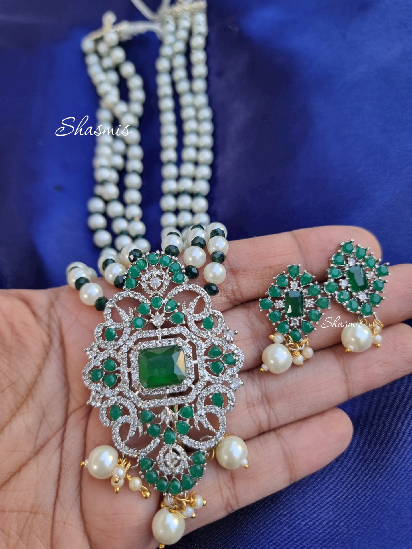 White and Green Long American Diamond Necklace With Earrings