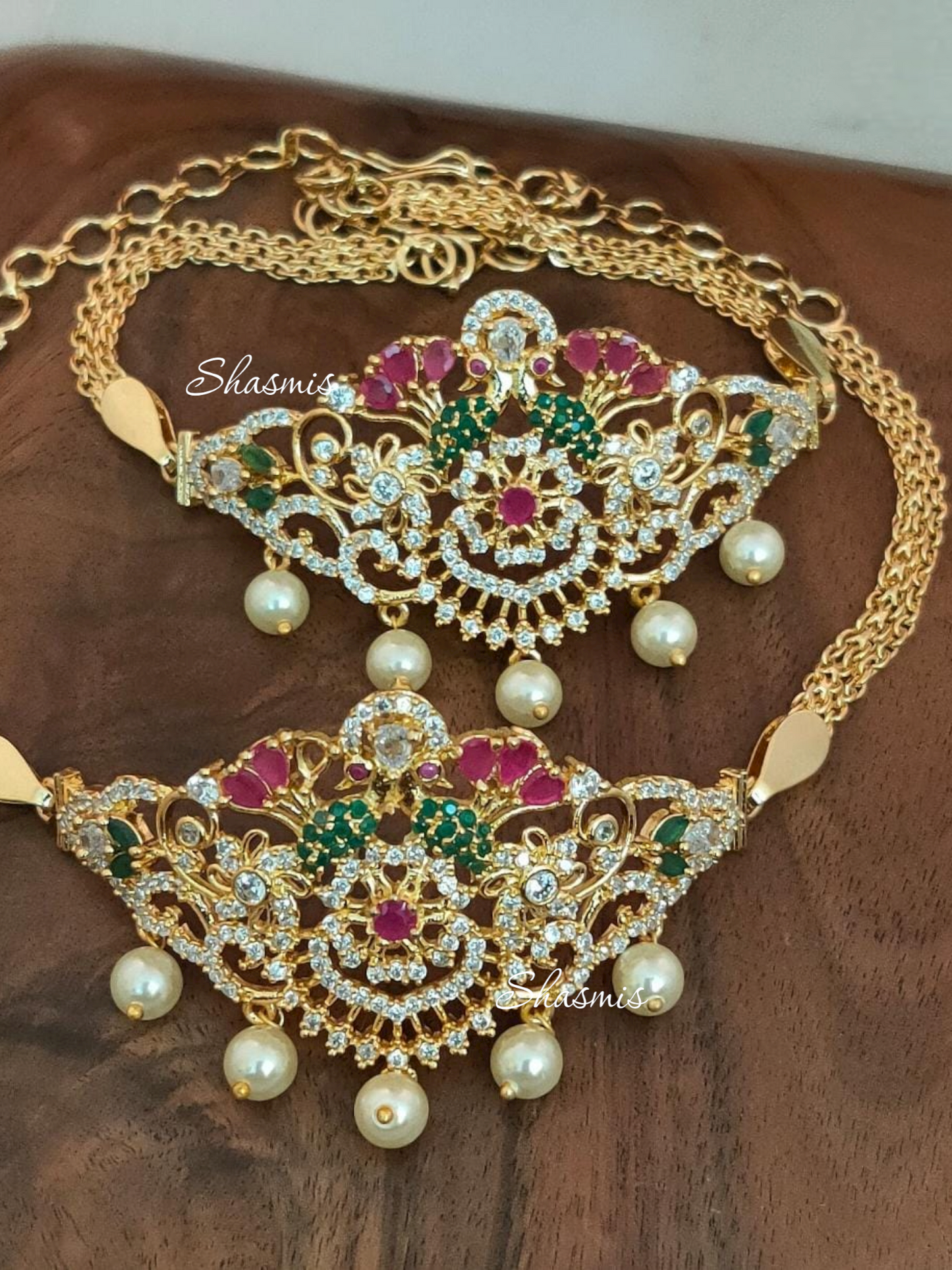 Gold Plated Diamond Green and Ruby Bajuband And Pearl On Drop