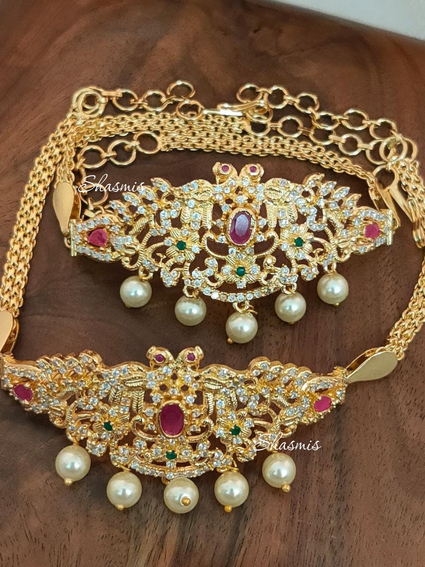 Gold Plated Diamond Bajuband With Pearls On Drop