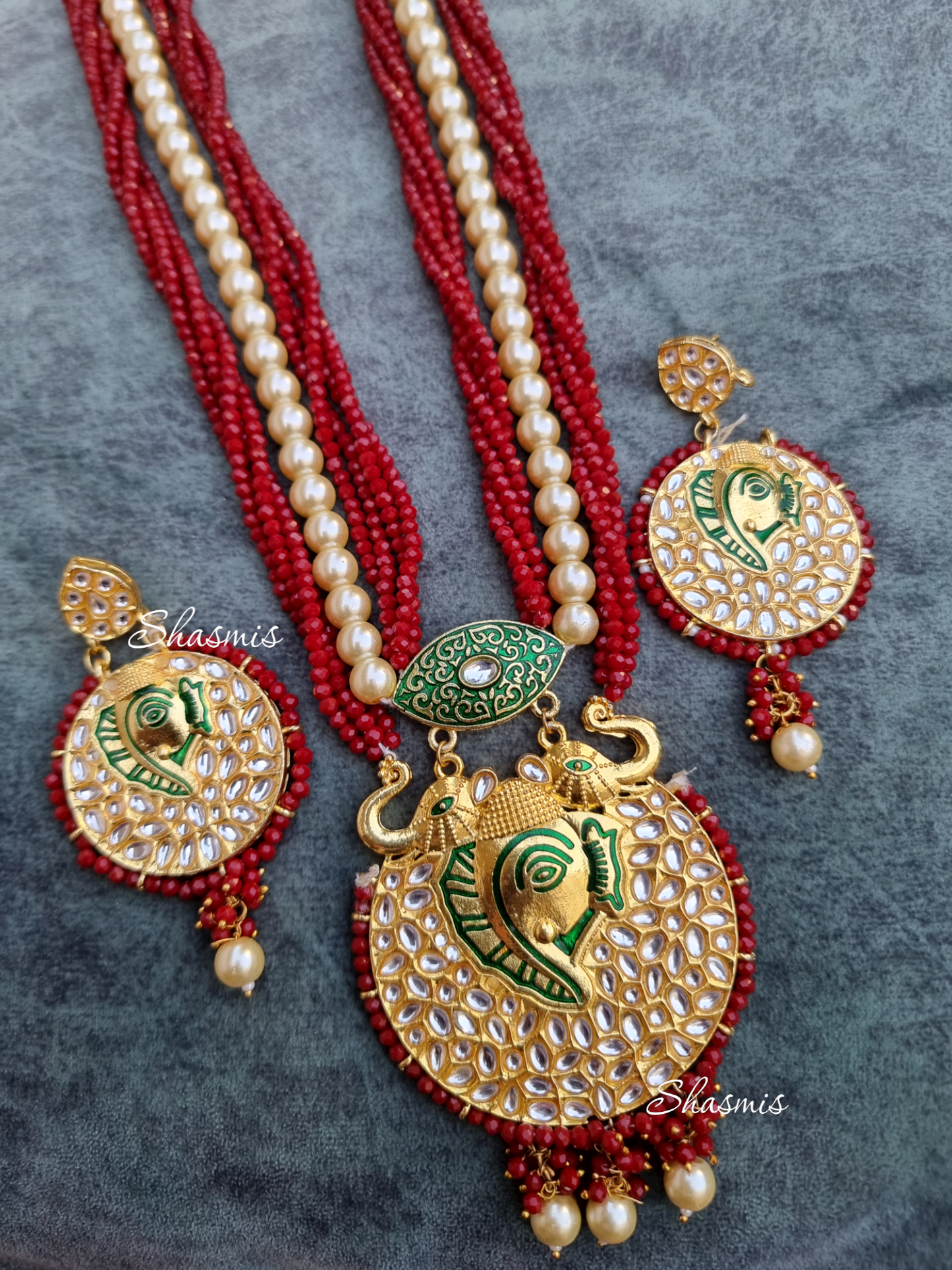 Ganapati Bappa Long Layered Pearl Necklace With Earrings