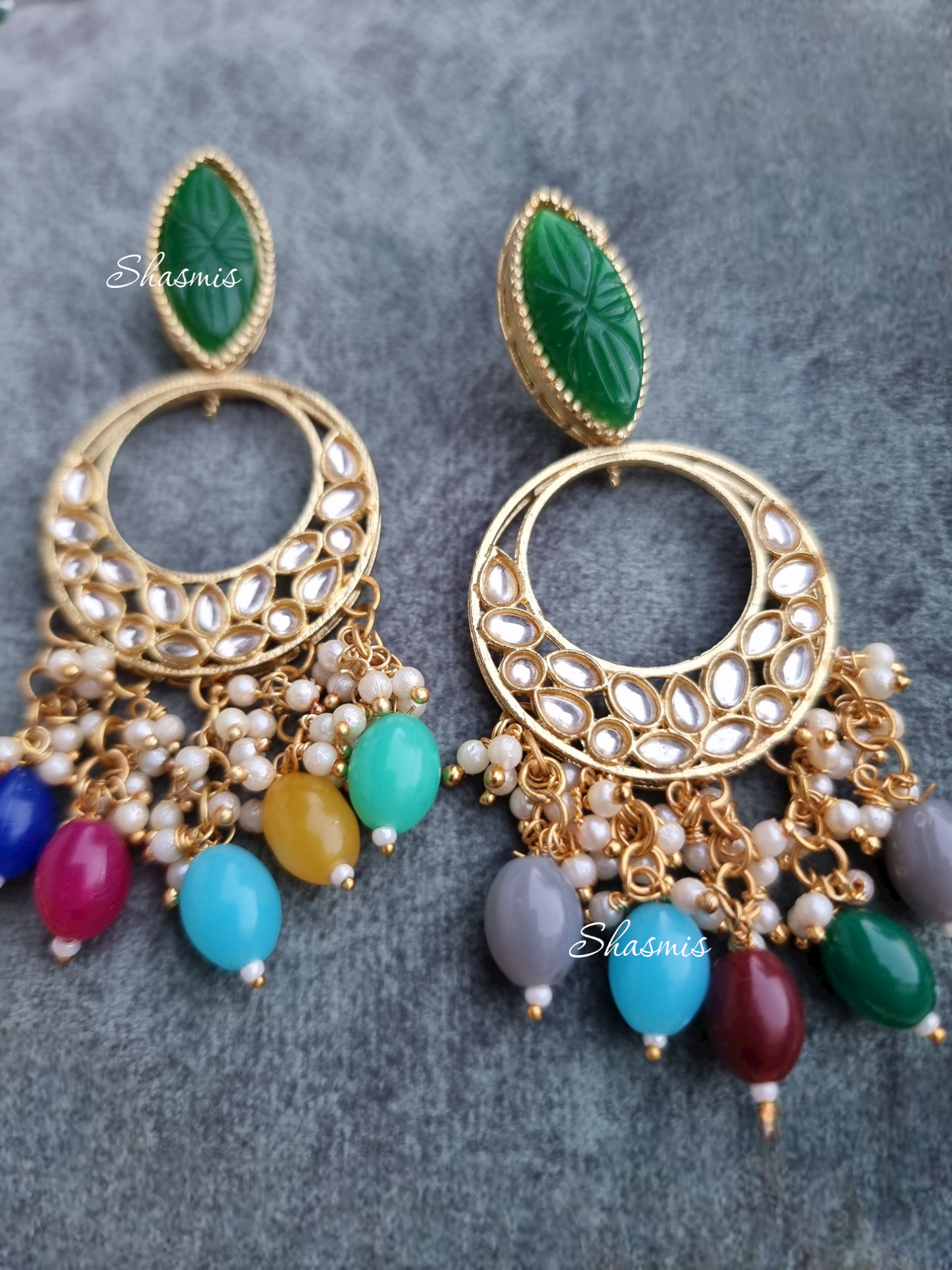 Amazing Oval Shape Multi Color Carved Stones With Kundan Beads And Stone Necklace With Earrings