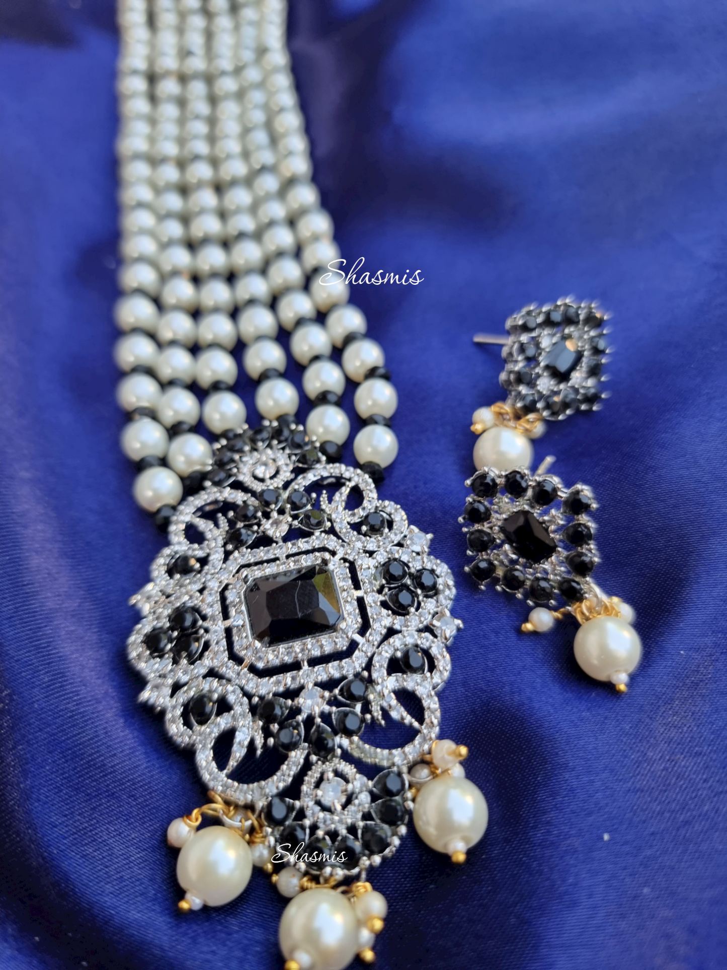 White And Black Stone American Diamond Long Necklace With Earrings