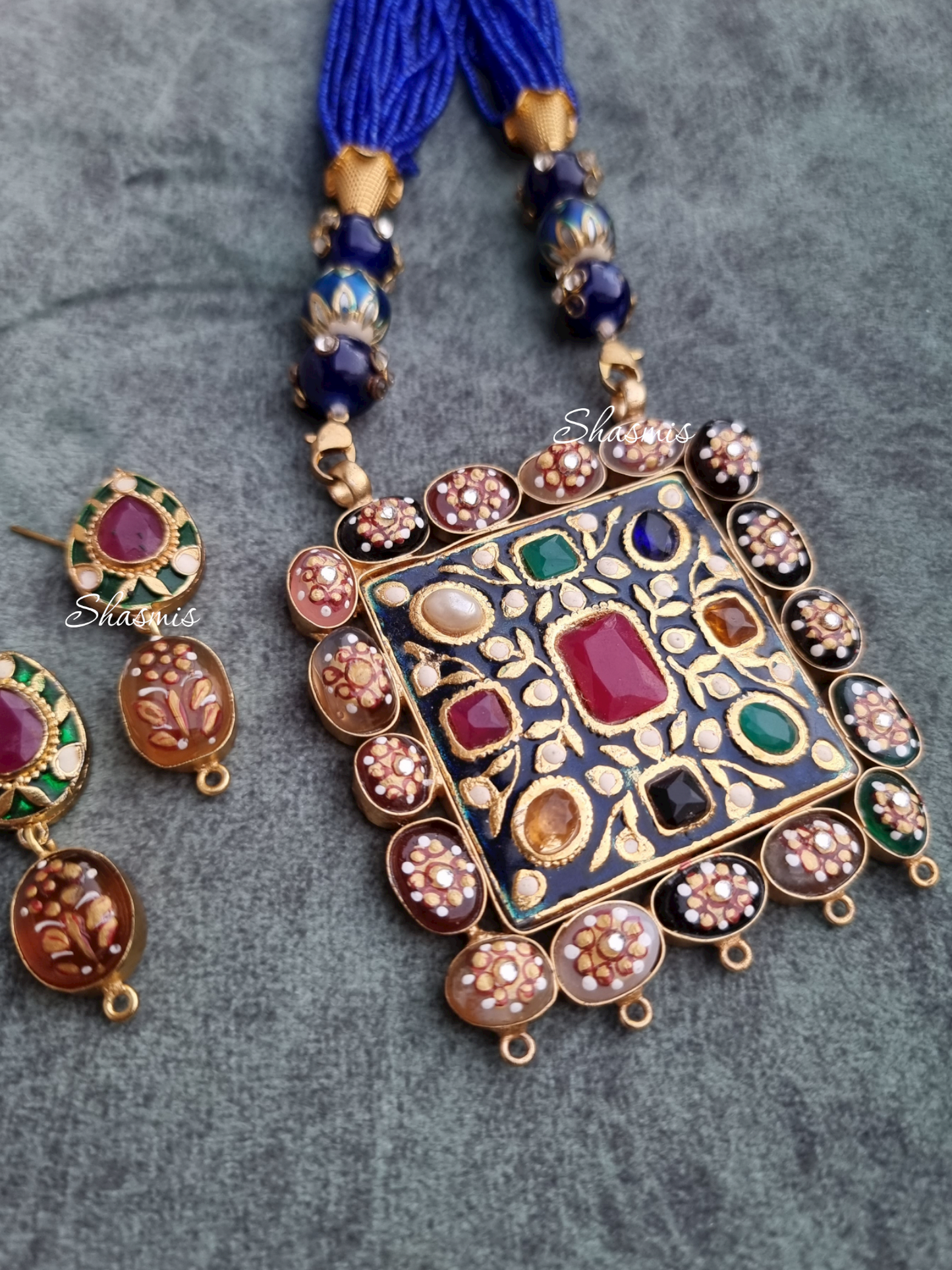 Square Design Tanjore Necklace With Earrings