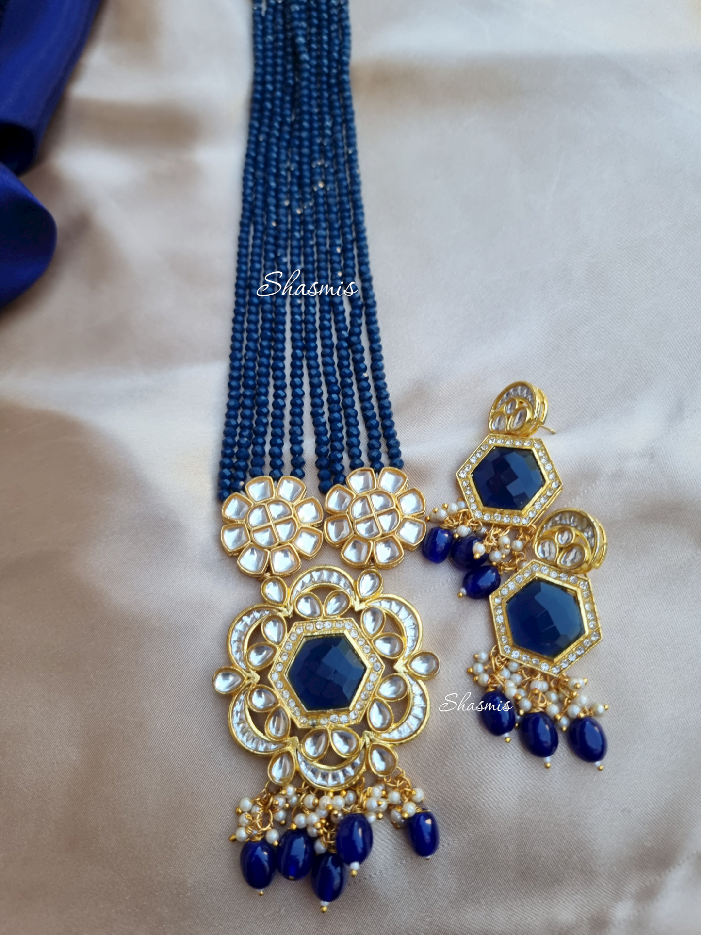 Blue Centre Stone Long Necklace With Earrings