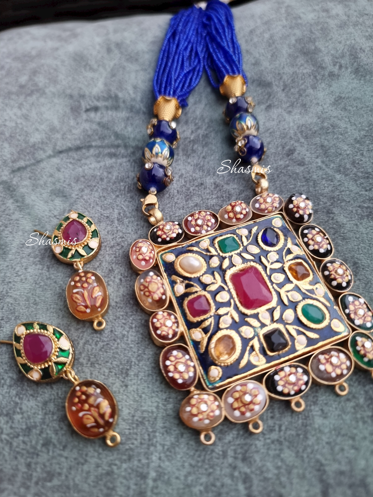 Square Design Tanjore Necklace With Earrings