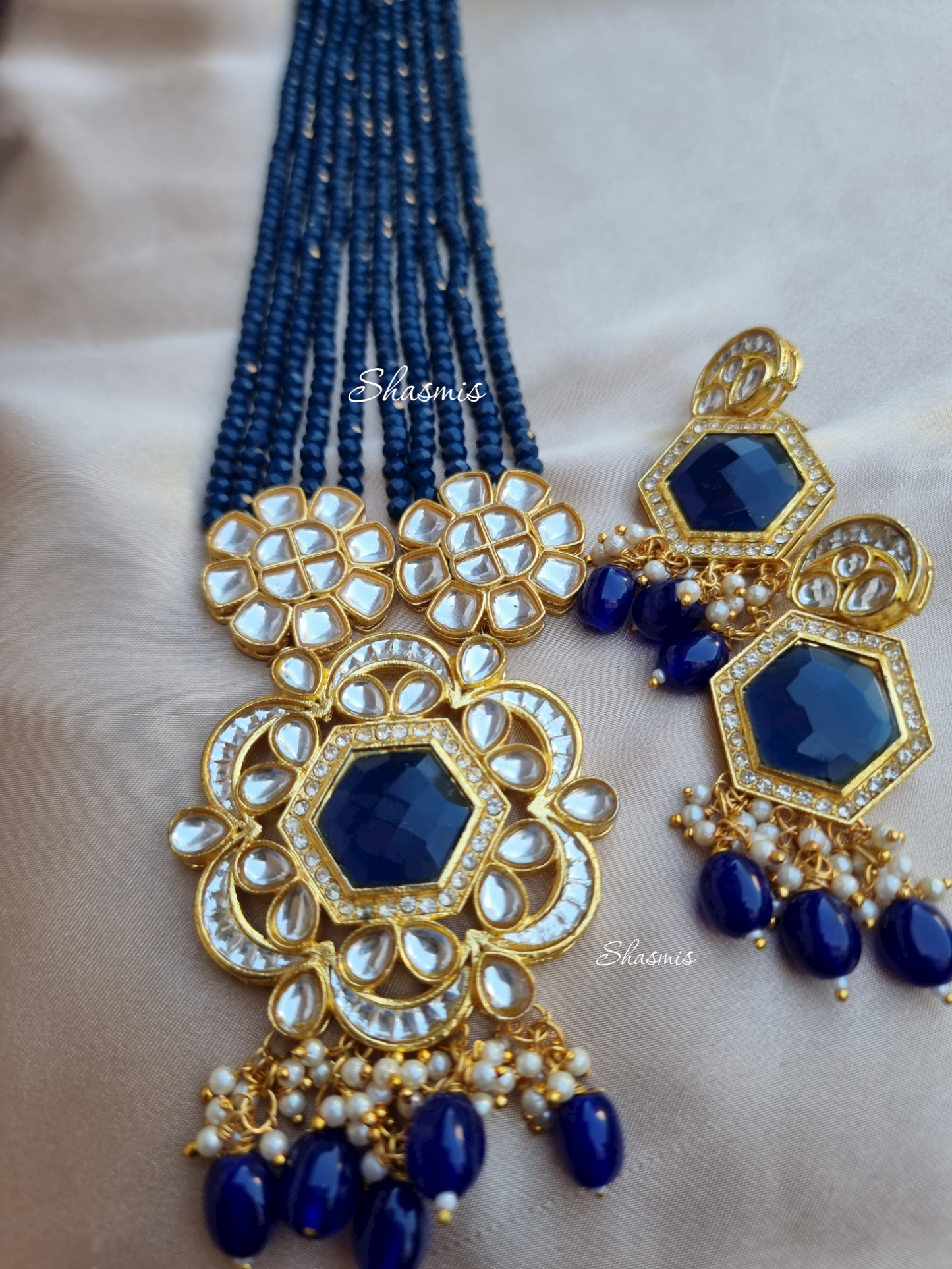 Blue Centre Stone Long Necklace With Earrings