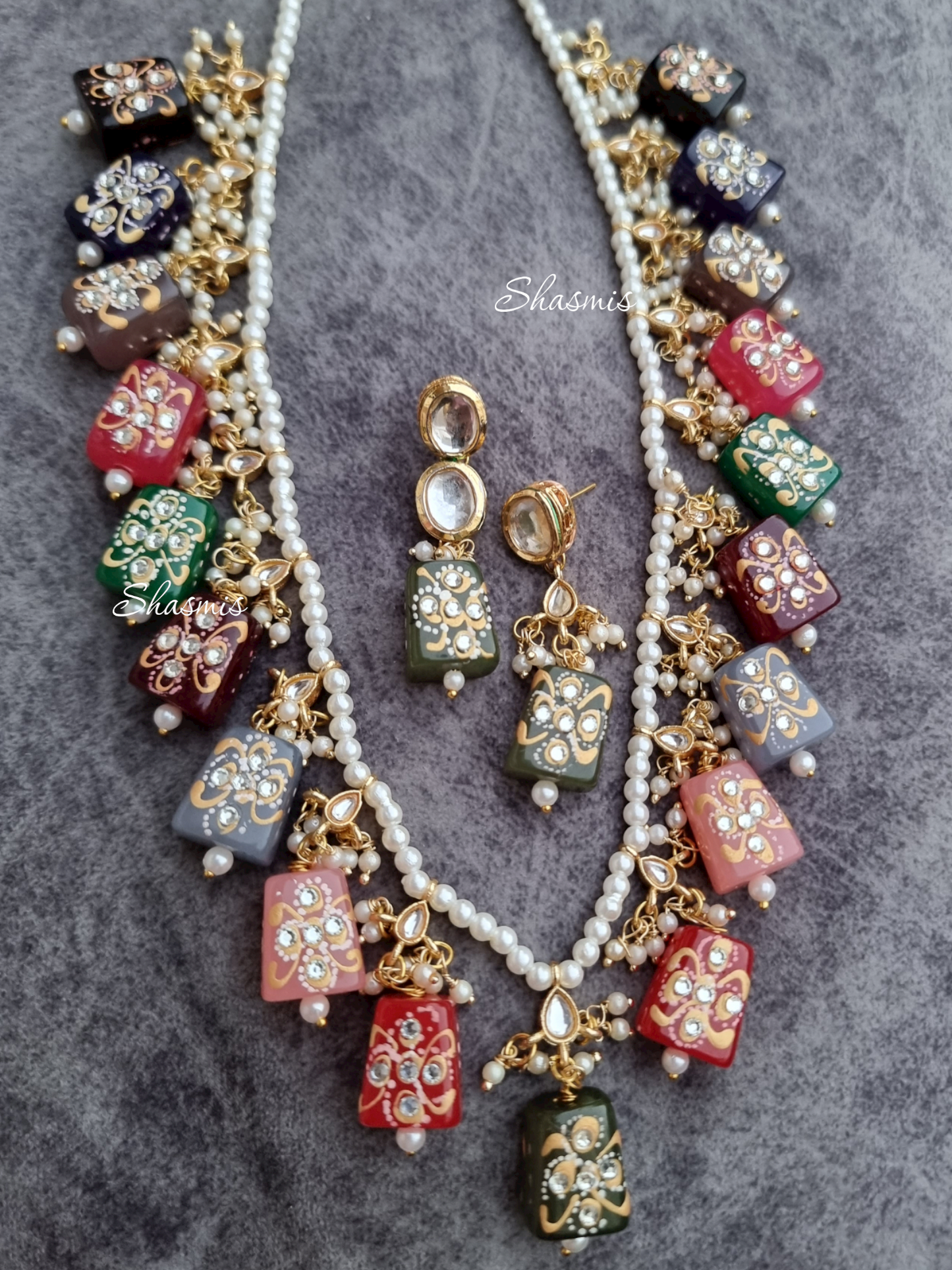 Kundan Stones With Navratan Beads On Drop Necklace with Earrings