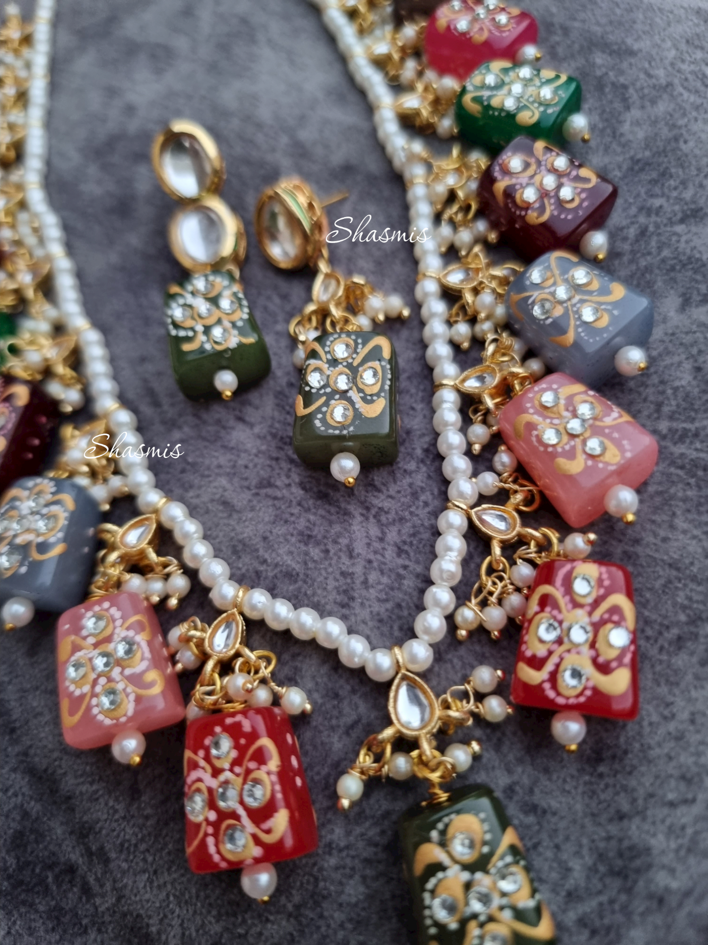 Kundan Stones With Navratan Beads On Drop Necklace with Earrings