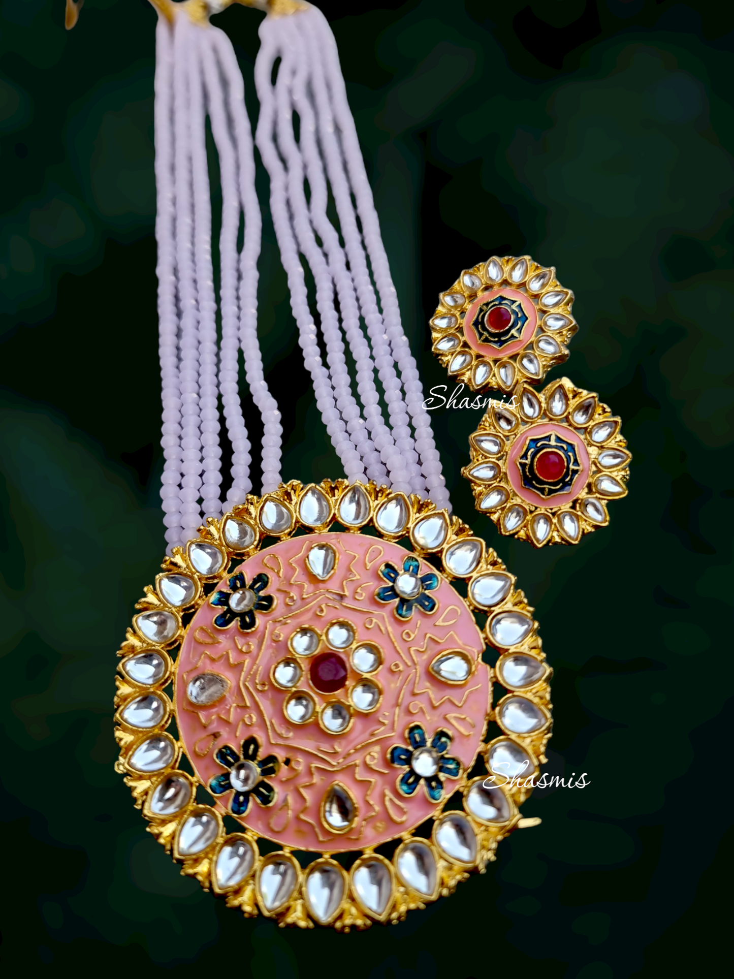 Baby Pink beads With Kundan Pendant Necklace With Earrings