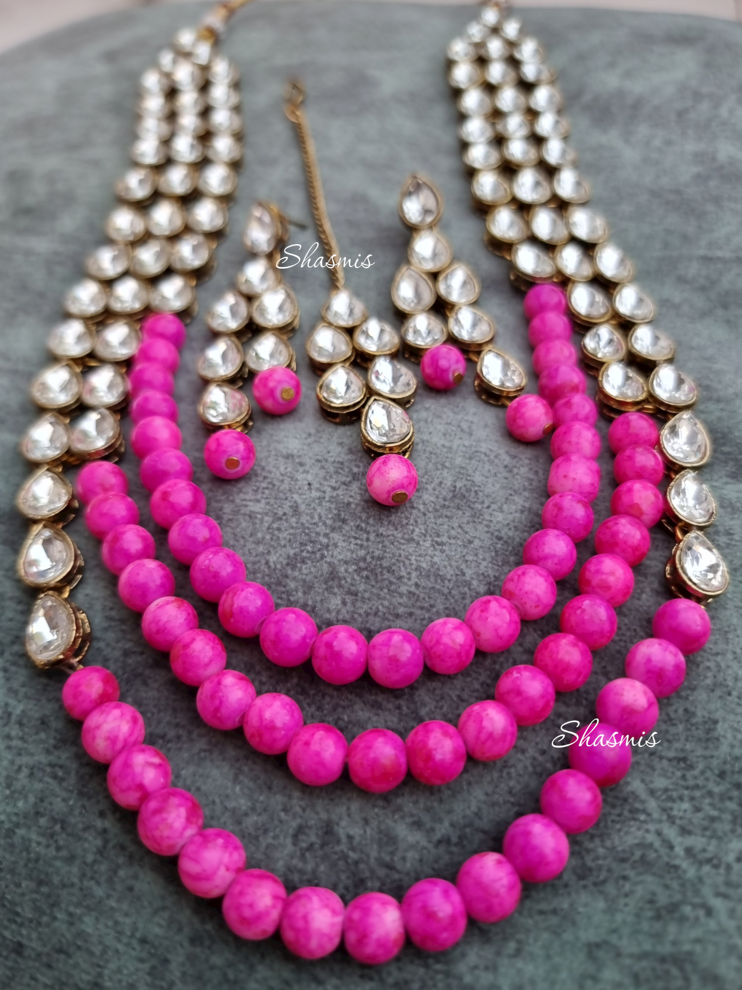 Pink Beads With White Stones Long Layered Necklace Combo