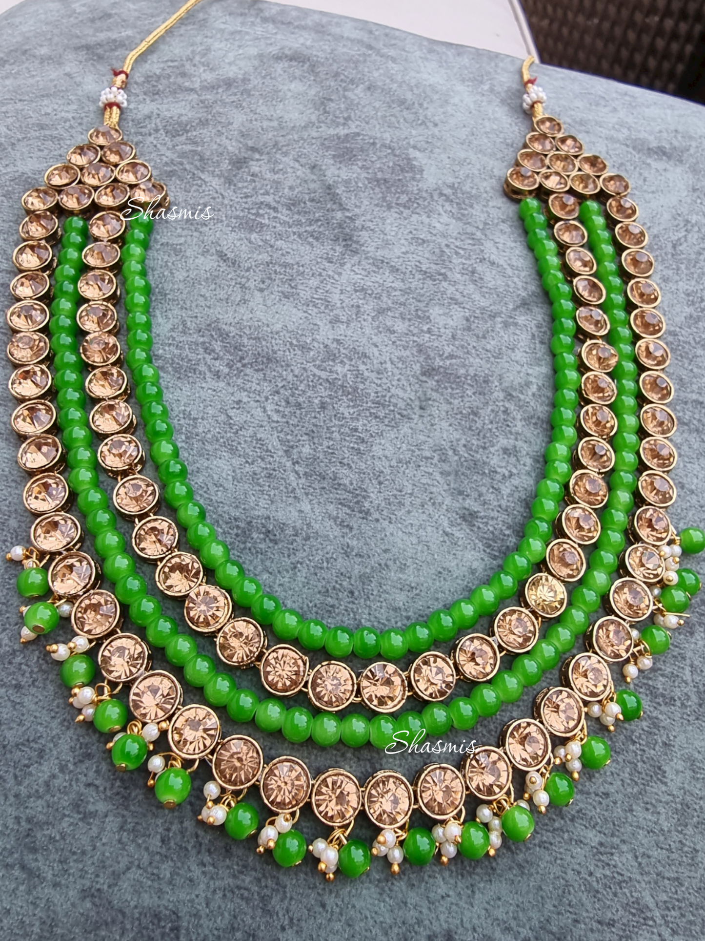 Green Color Beads with Golden Stones Necklace
